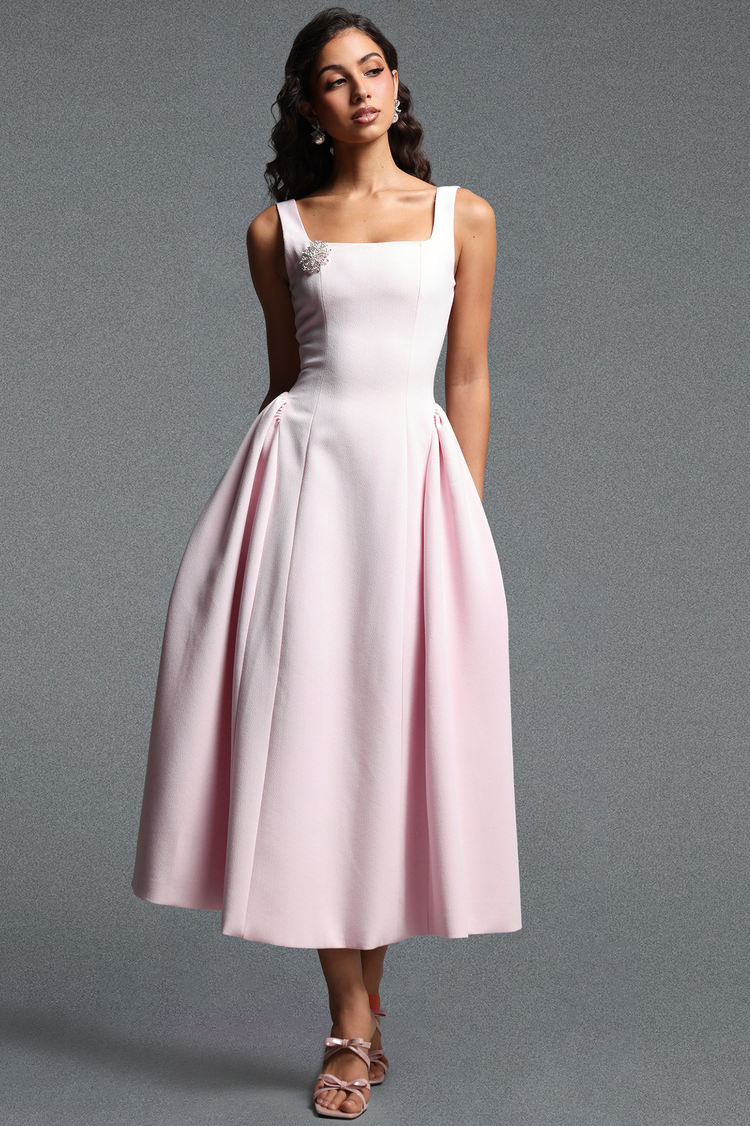 Verdad Elegant Tailored Sleeveless Rhinestone Woven Maxi Dress