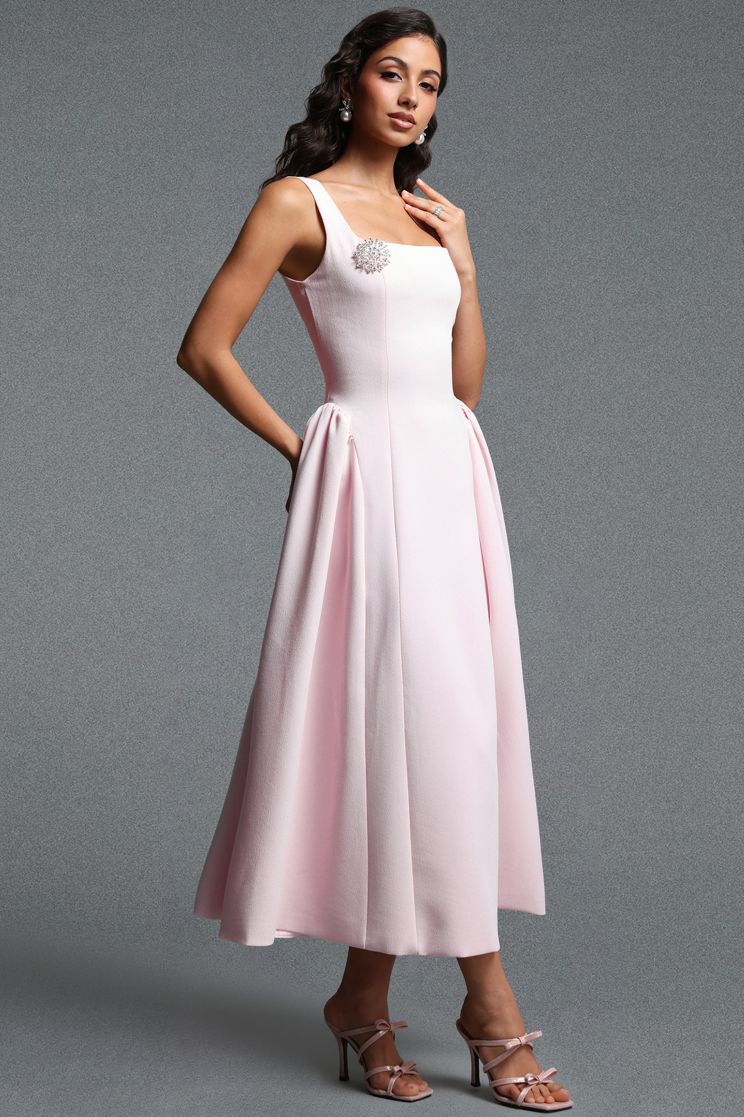 Verdad Elegant Tailored Sleeveless Rhinestone Woven Maxi Dress