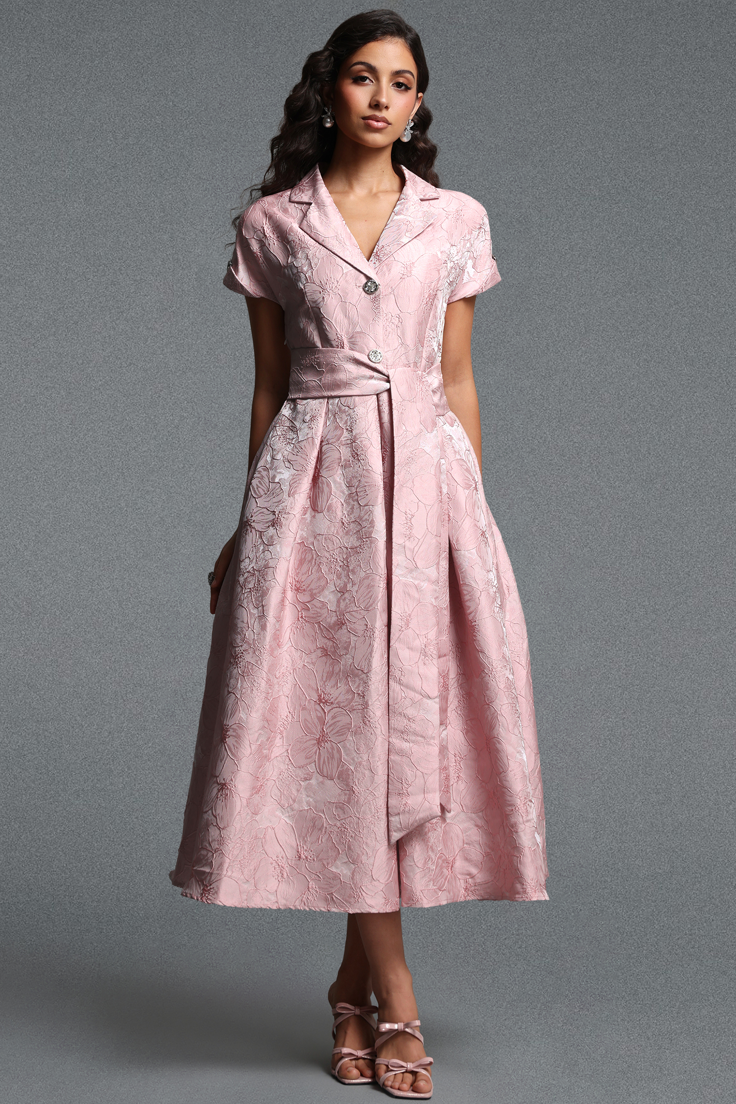 Derya Vintage Tailored Short Sleeve Jacquard Woven Maxi Dress
