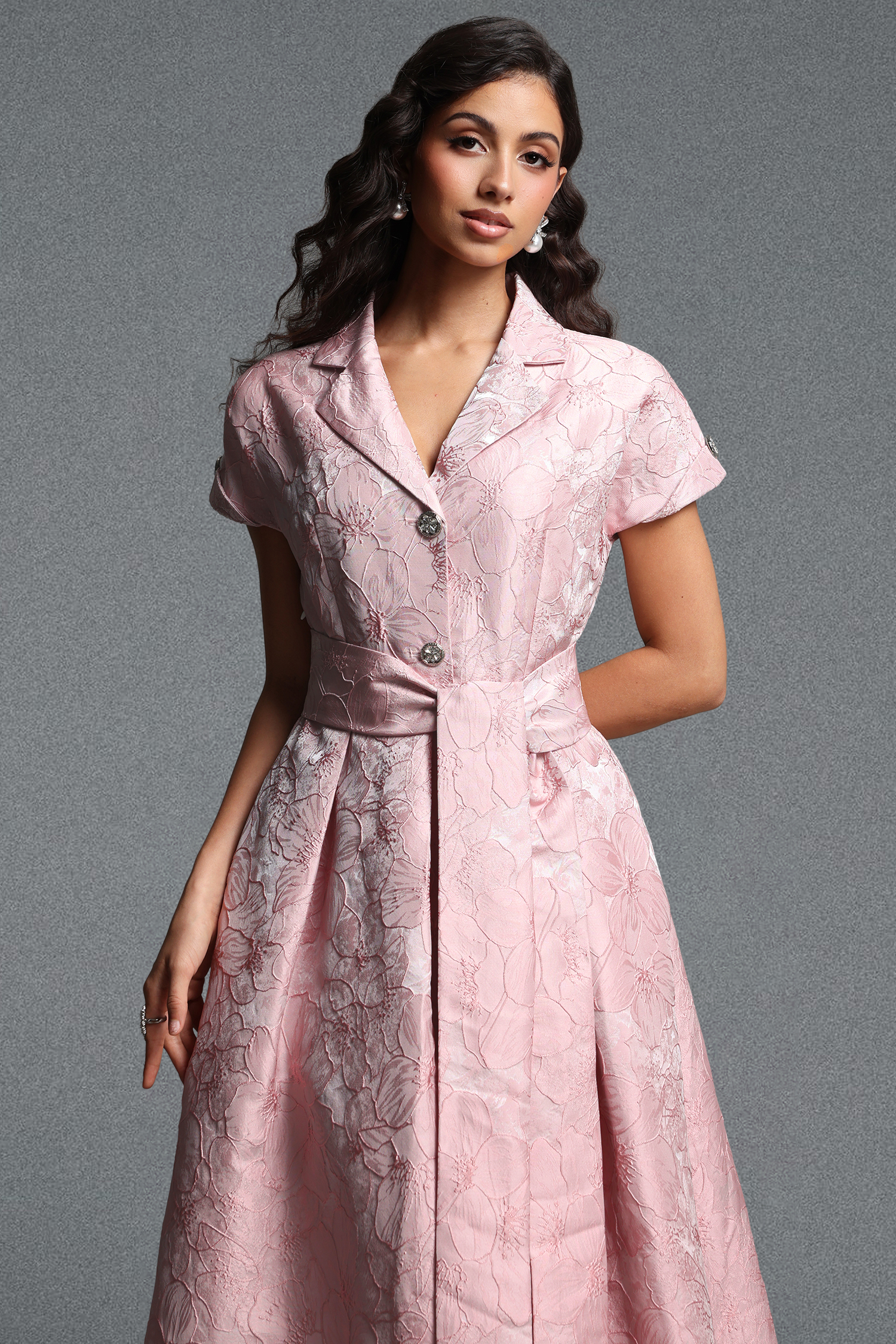 Derya Vintage Tailored Short Sleeve Jacquard Woven Maxi Dress