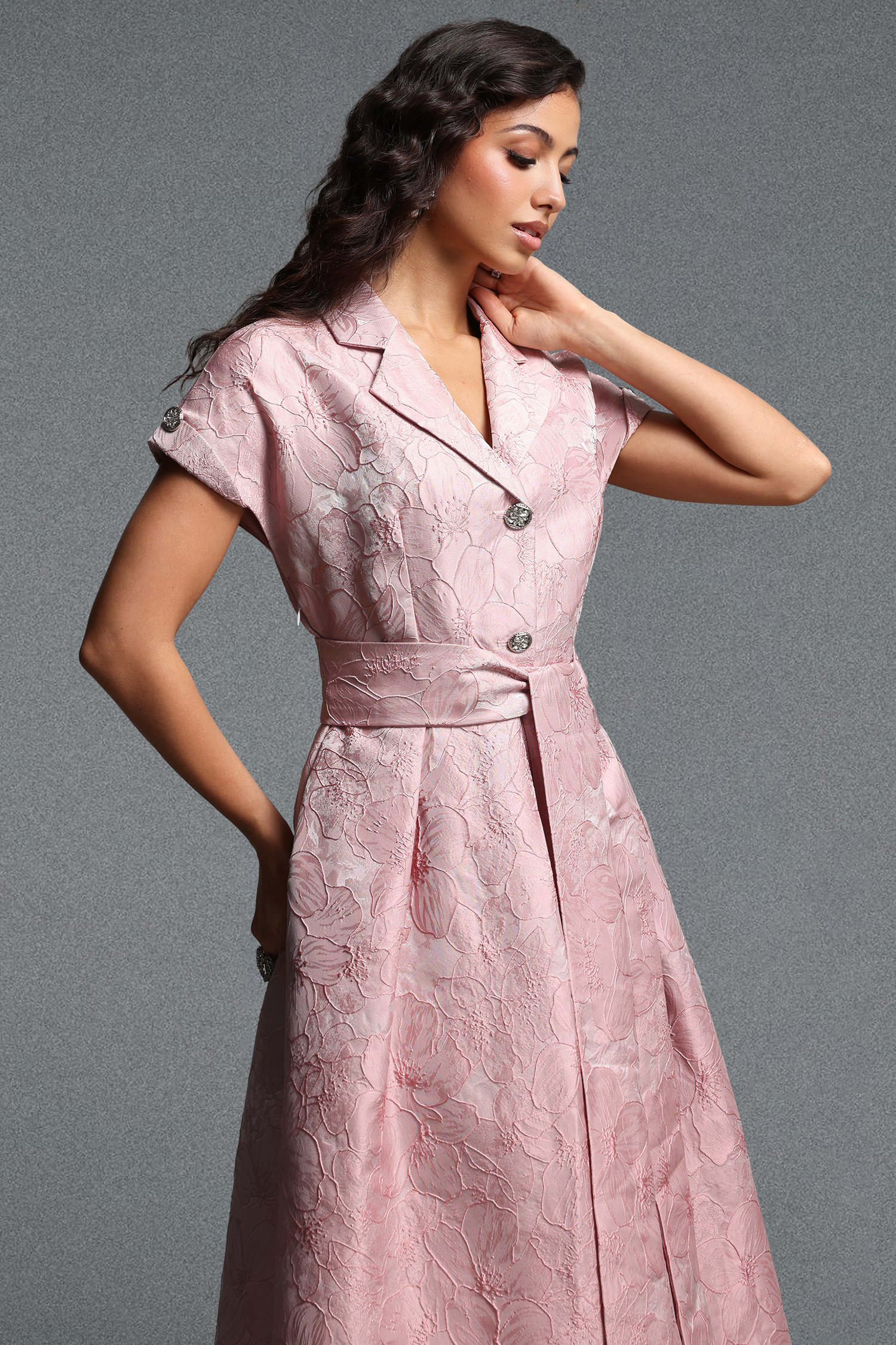 Derya Vintage Tailored Short Sleeve Jacquard Woven Maxi Dress