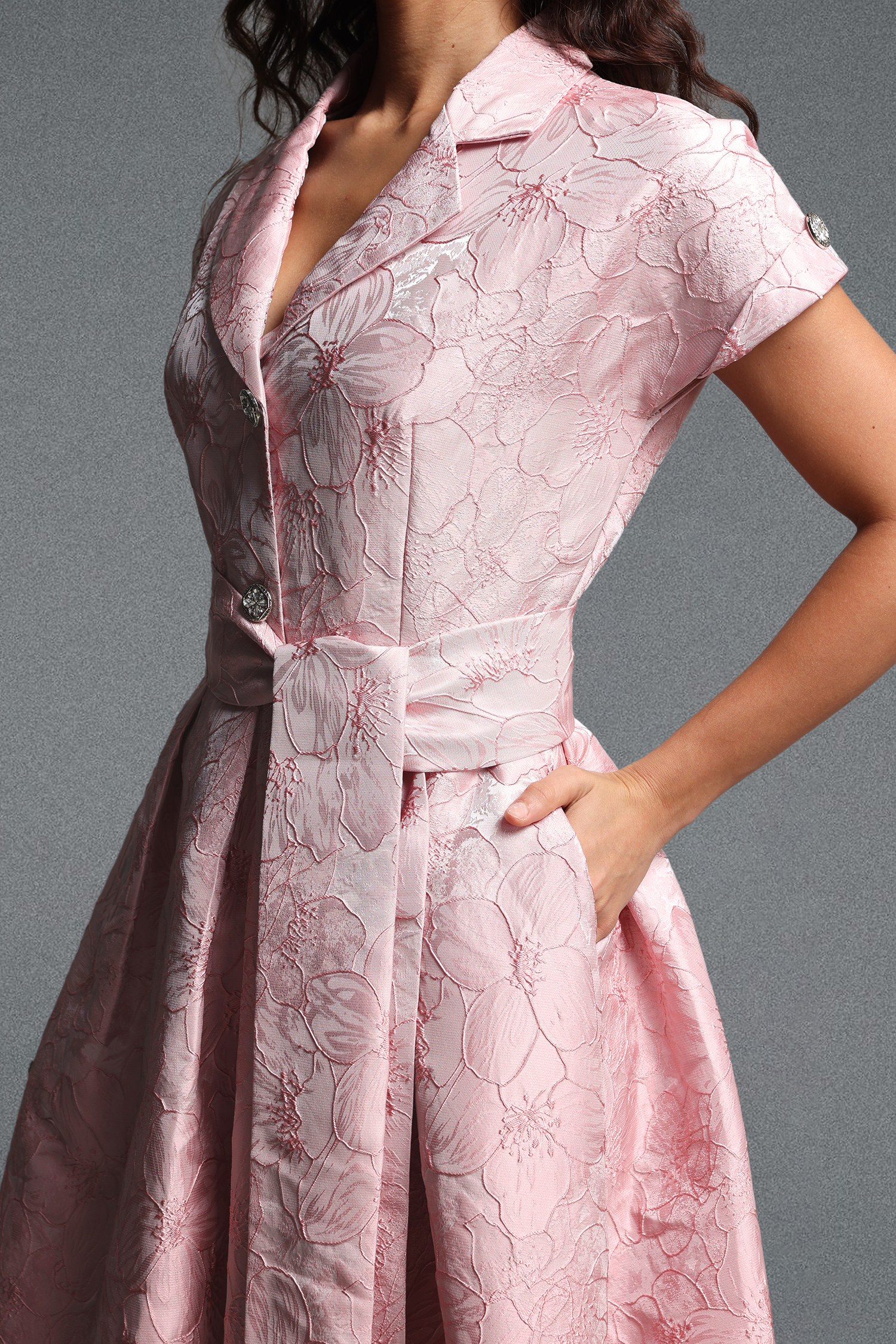 Derya Vintage Tailored Short Sleeve Jacquard Woven Maxi Dress