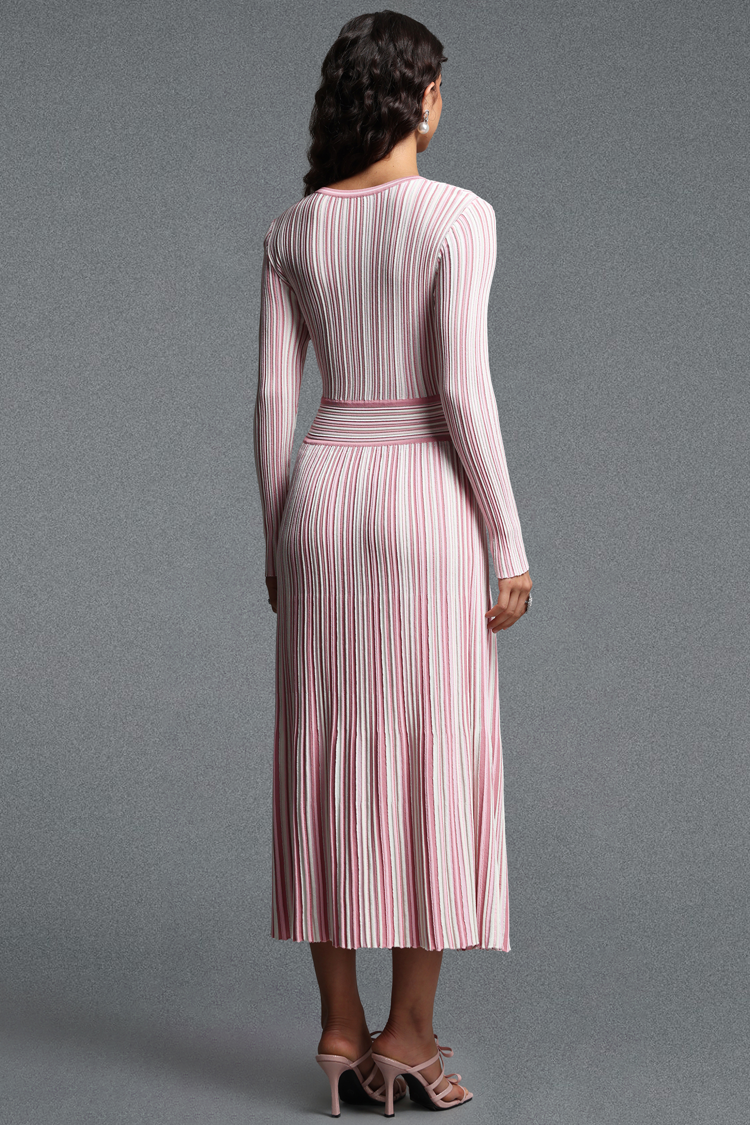 Vanina Vintage Contour V Neck Long Sleeve Bowvertical Stripes Knit Maxi Dress