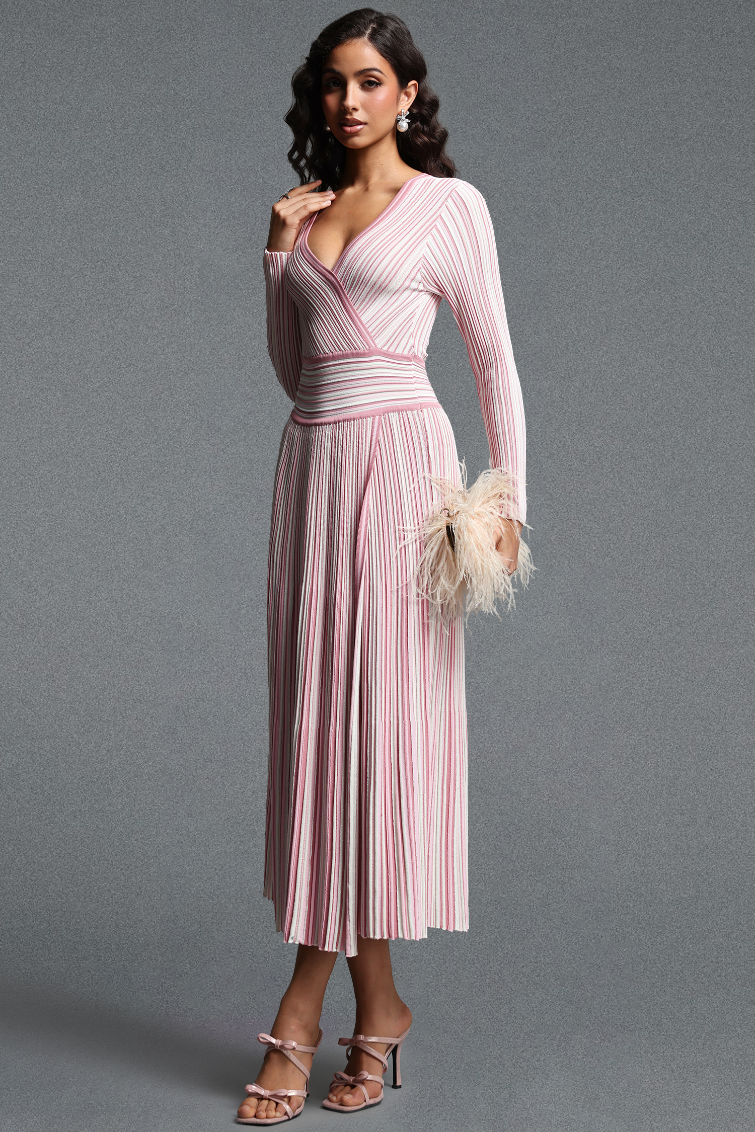 Vanina Vintage Contour V Neck Long Sleeve Bowvertical Stripes Knit Maxi Dress
