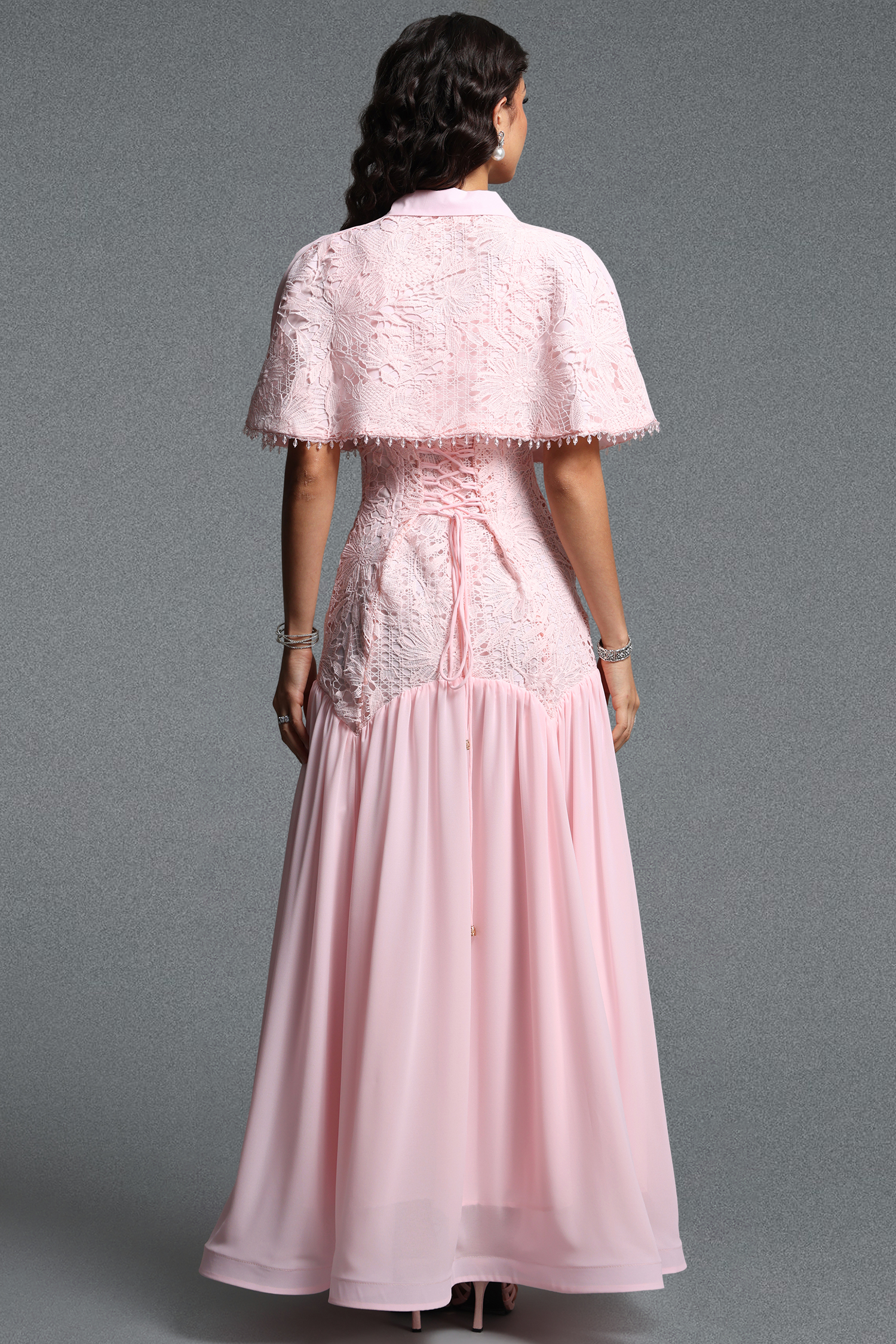 Zade Vintage Contour Lace Cape Woven Maxi Dress