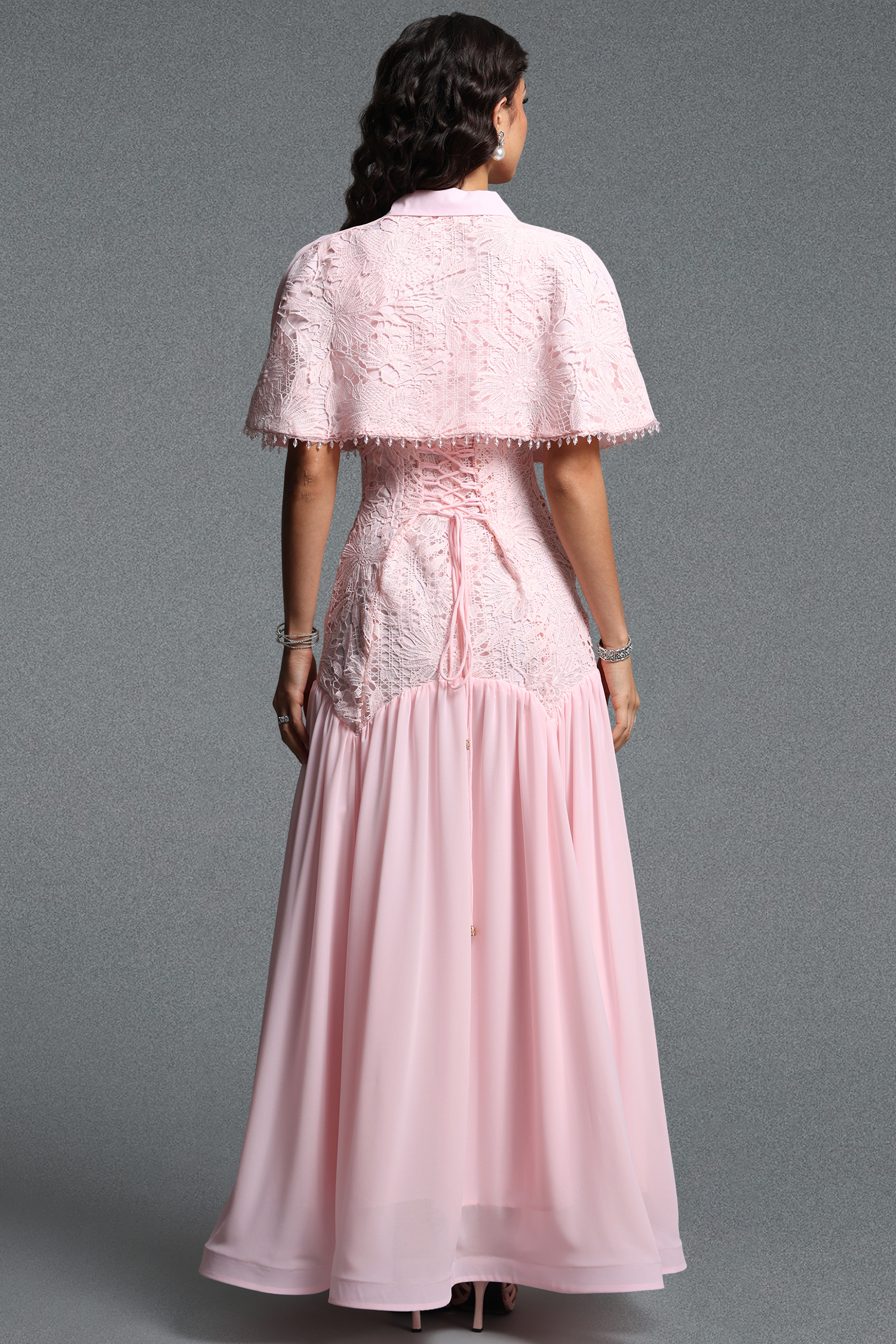 Zade Vintage Contour Lace Cape Woven Maxi Dress
