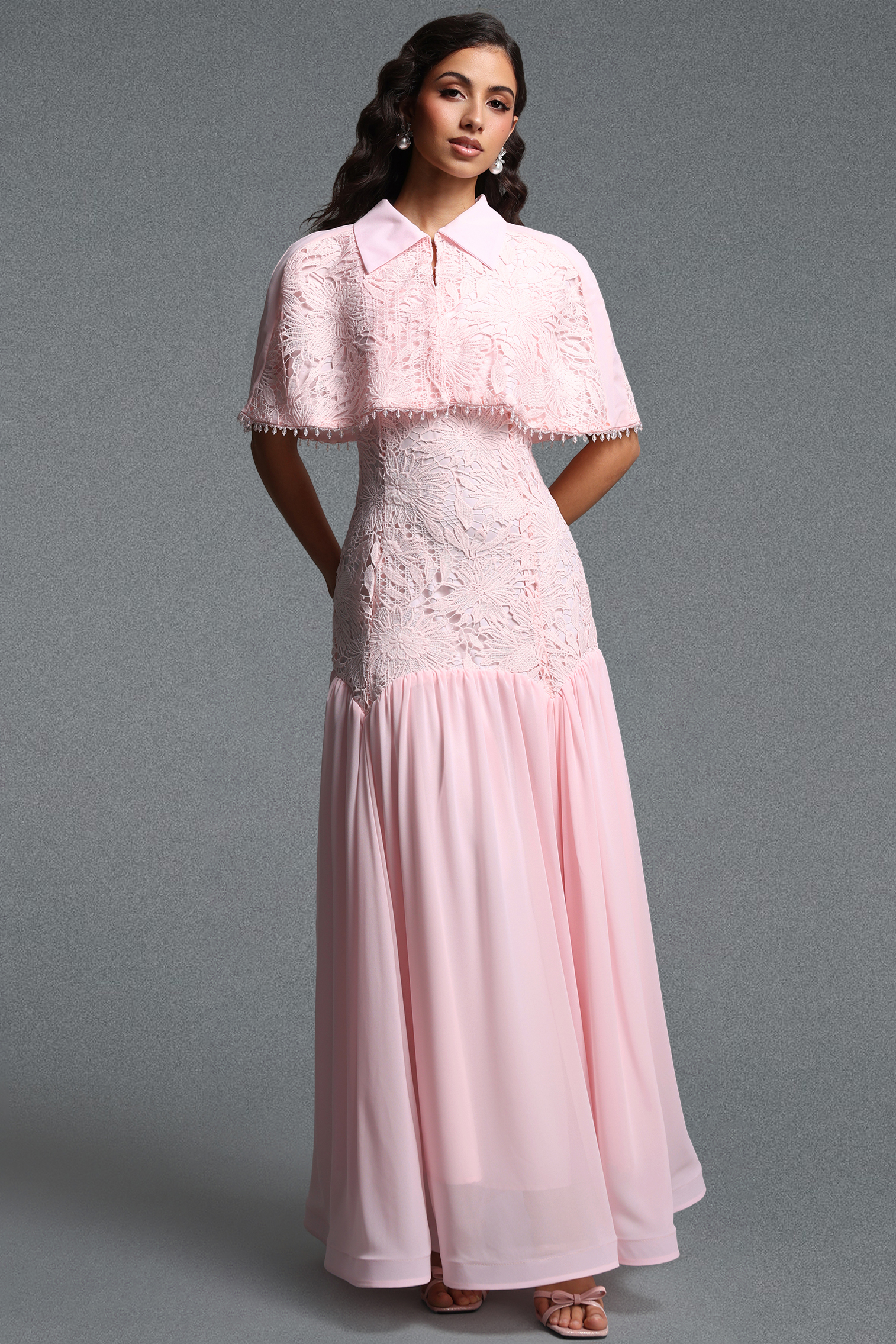 Zade Vintage Contour Lace Cape Woven Maxi Dress
