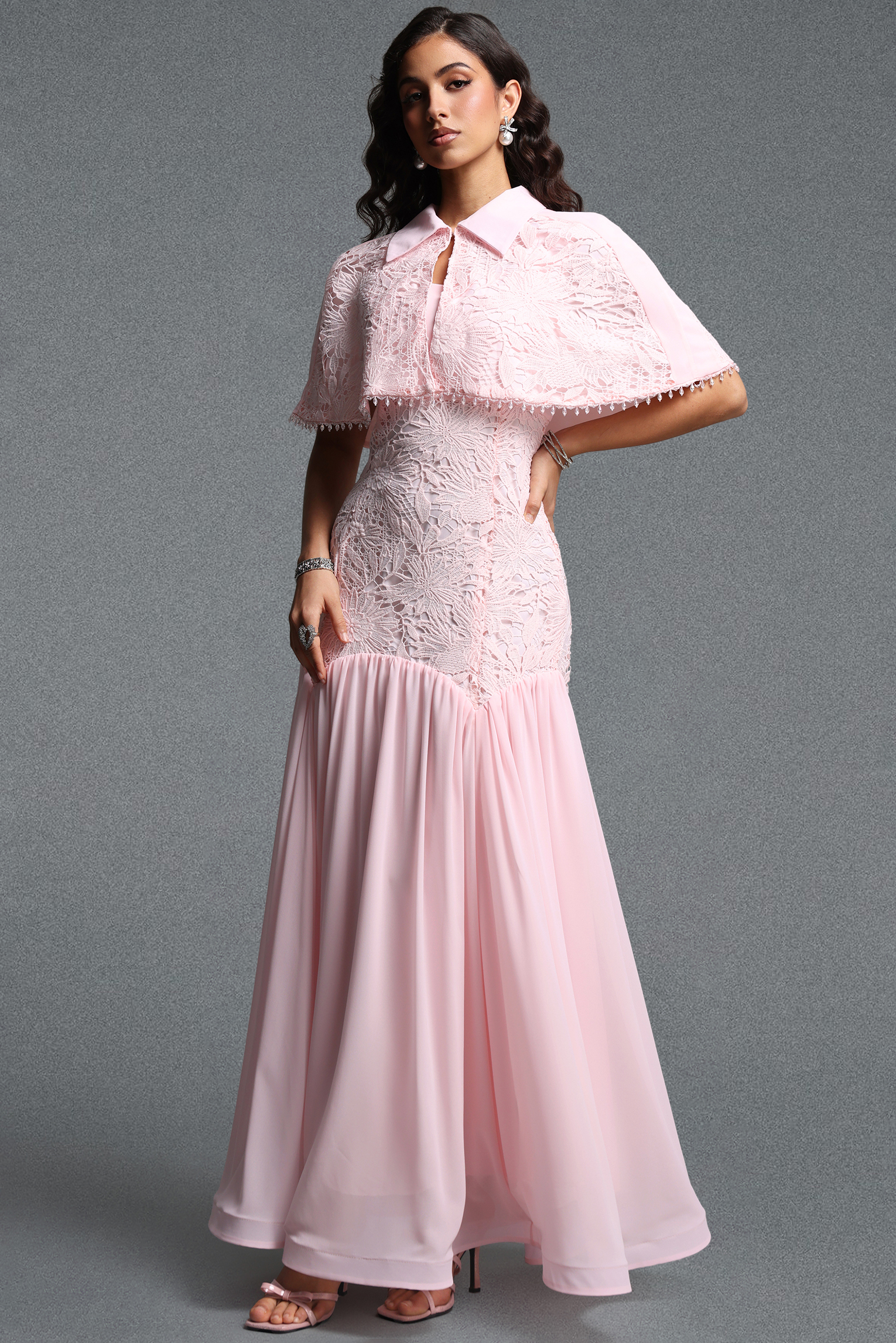 Zade Vintage Contour Lace Cape Woven Maxi Dress