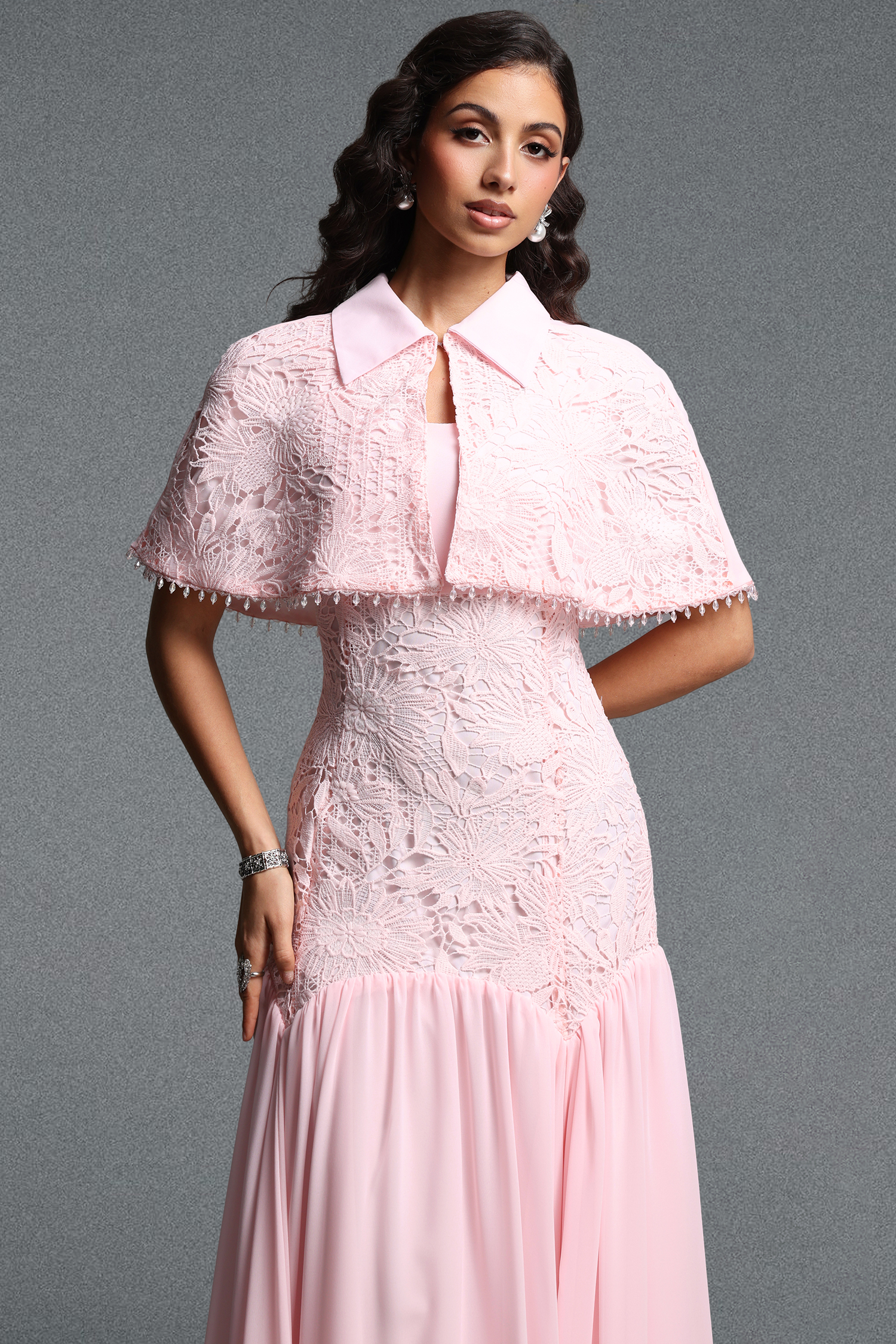 Zade Vintage Contour Lace Cape Woven Maxi Dress