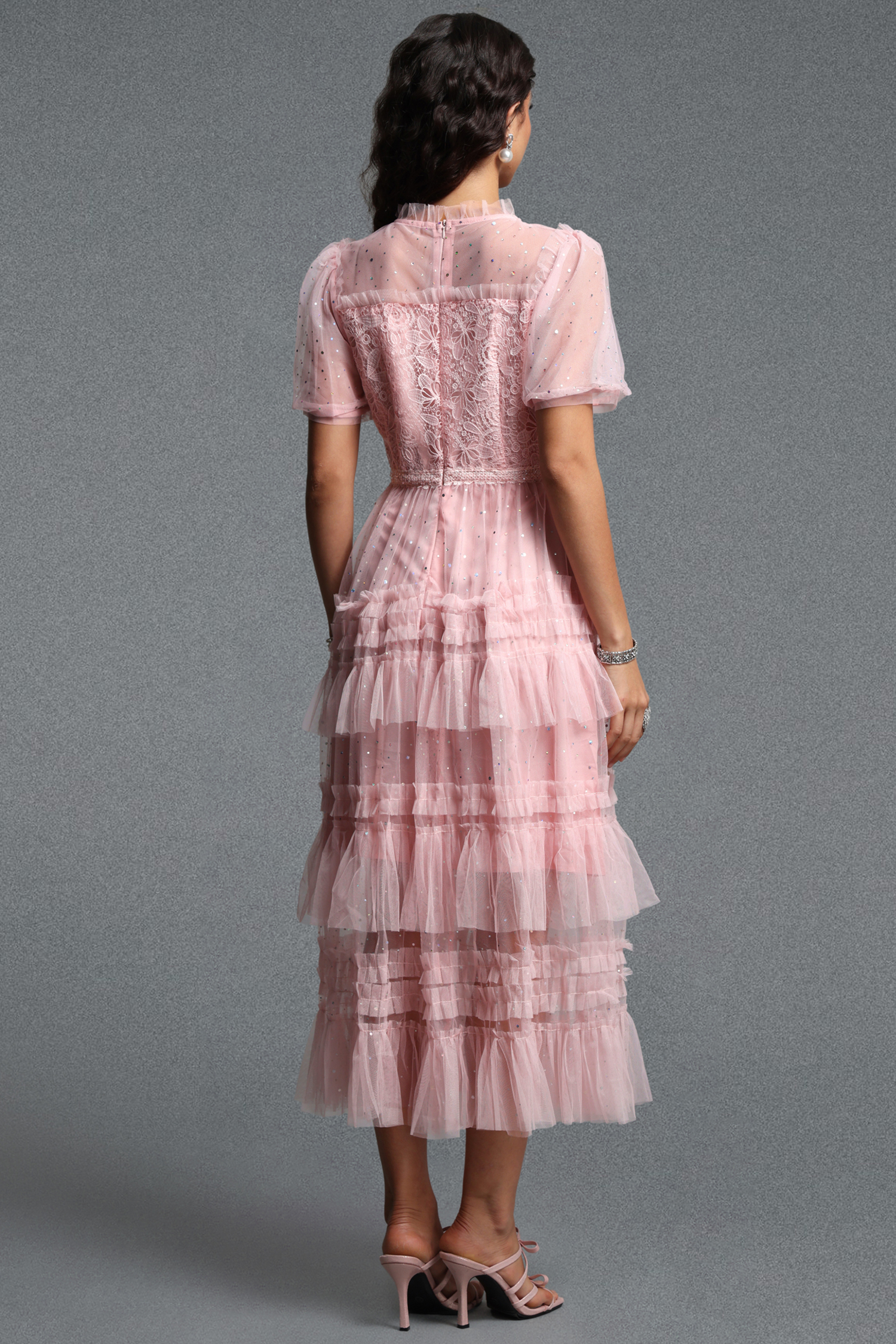 Haylee Romantic Flowy Short Sleeve Ruffle Sequin Lace Maxi Dress