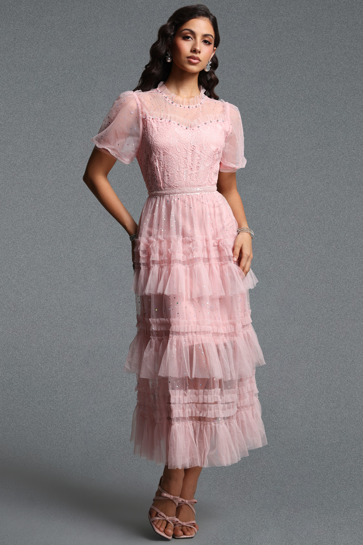 Haylee Romantic Flowy Short Sleeve Ruffle Sequin Lace Maxi Dress