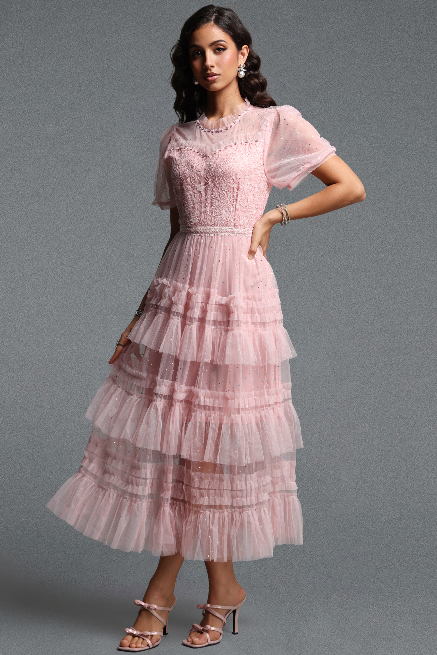 Haylee Romantic Flowy Short Sleeve Ruffle Sequin Lace Maxi Dress