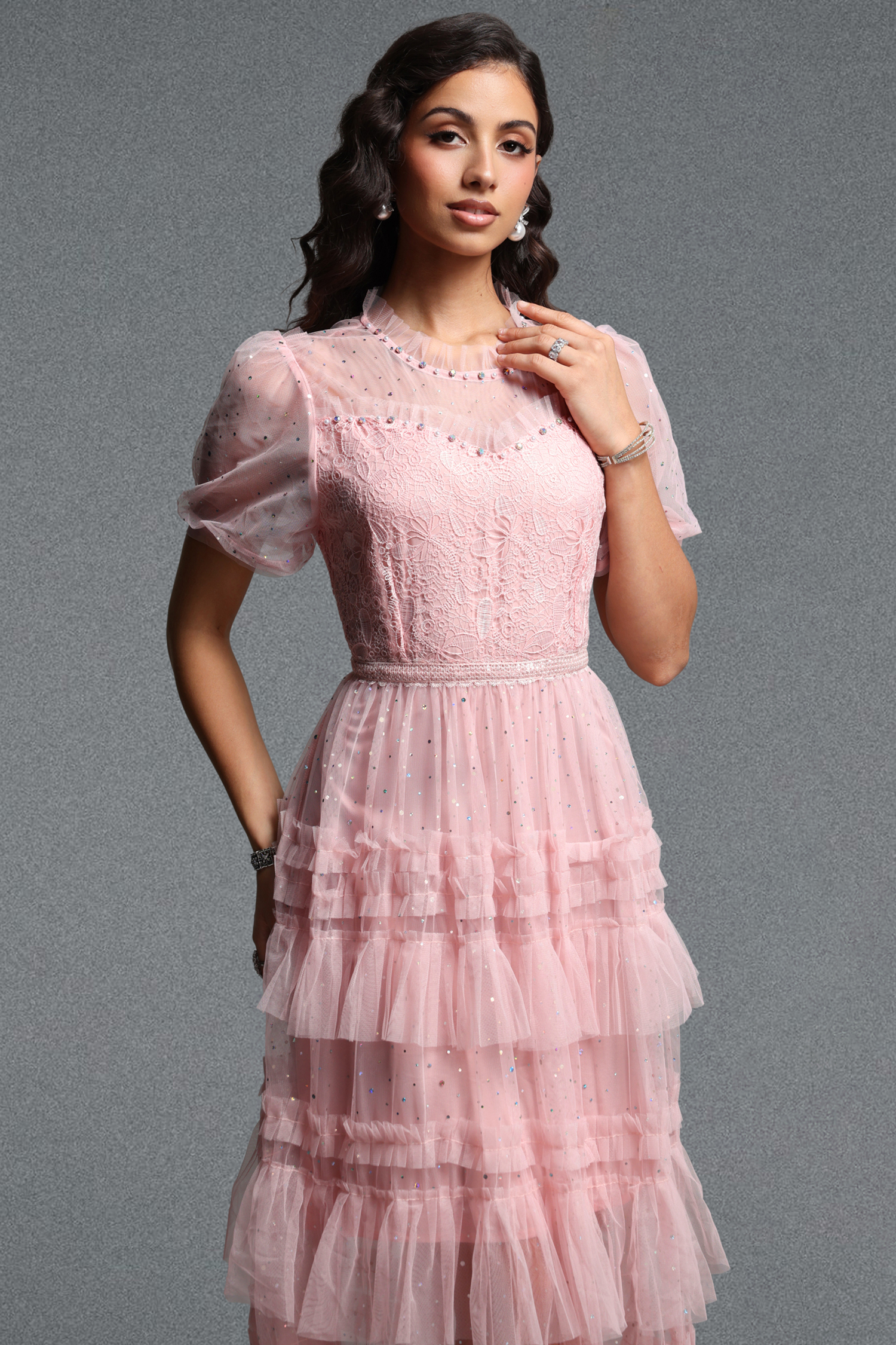 Haylee Romantic Flowy Short Sleeve Ruffle Sequin Lace Maxi Dress