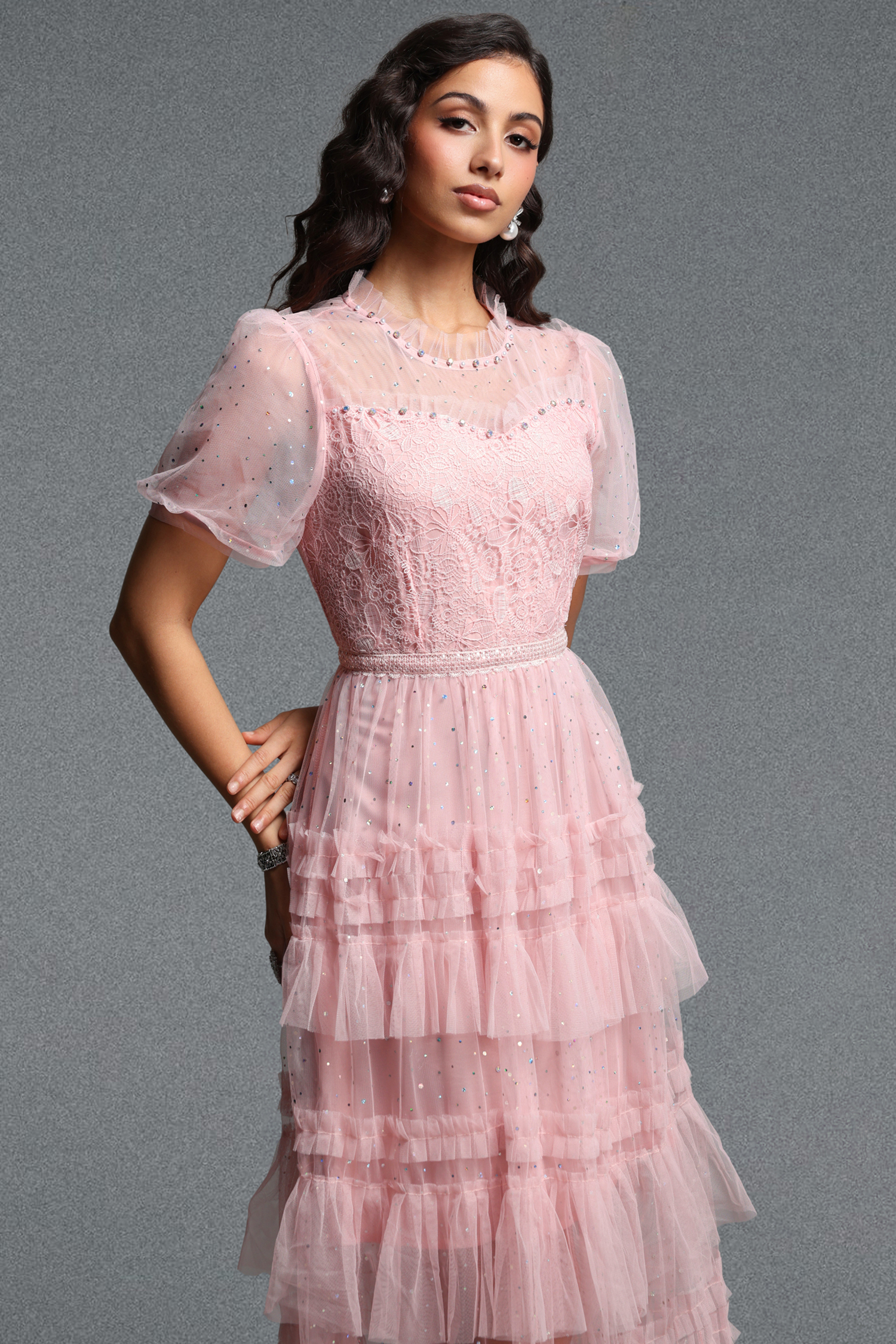 Haylee Romantic Flowy Short Sleeve Ruffle Sequin Lace Maxi Dress