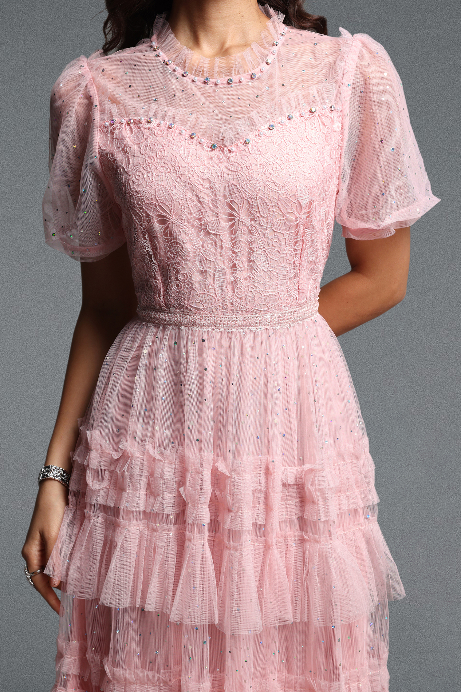 Haylee Romantic Flowy Short Sleeve Ruffle Sequin Lace Maxi Dress