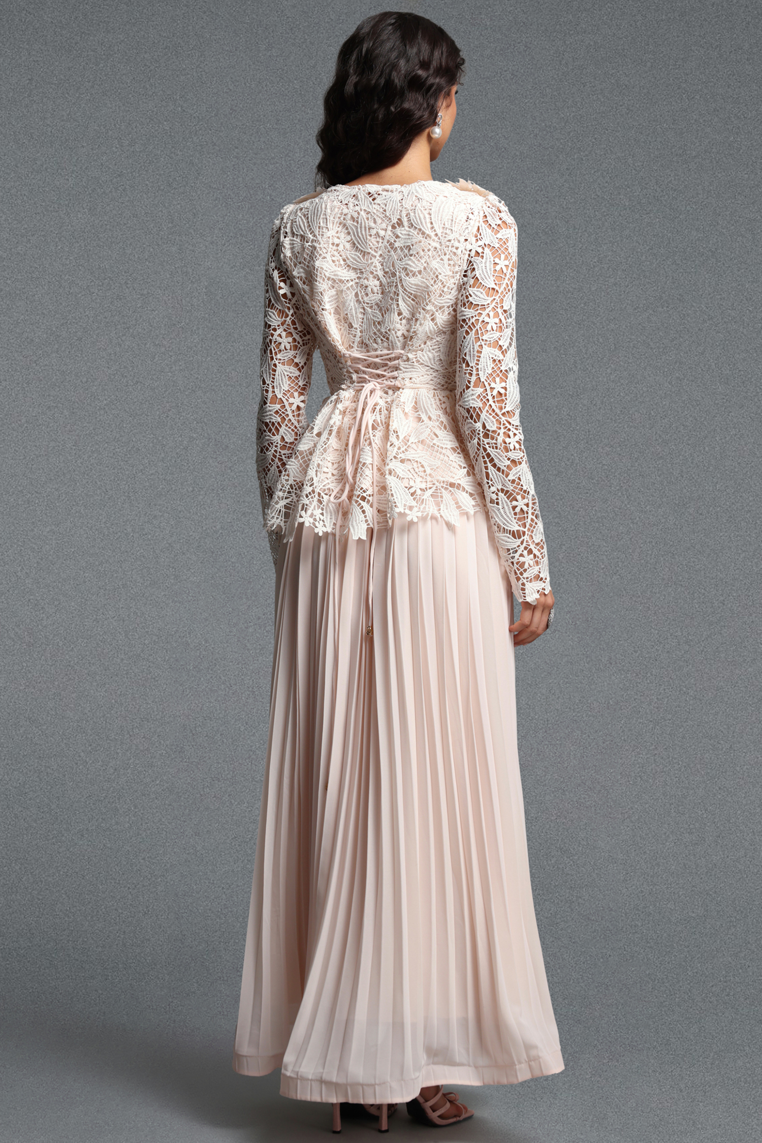 Lucica Romantic Flowy Long Sleeve Floral Lace Beige Top and Skirt Two Piece Set