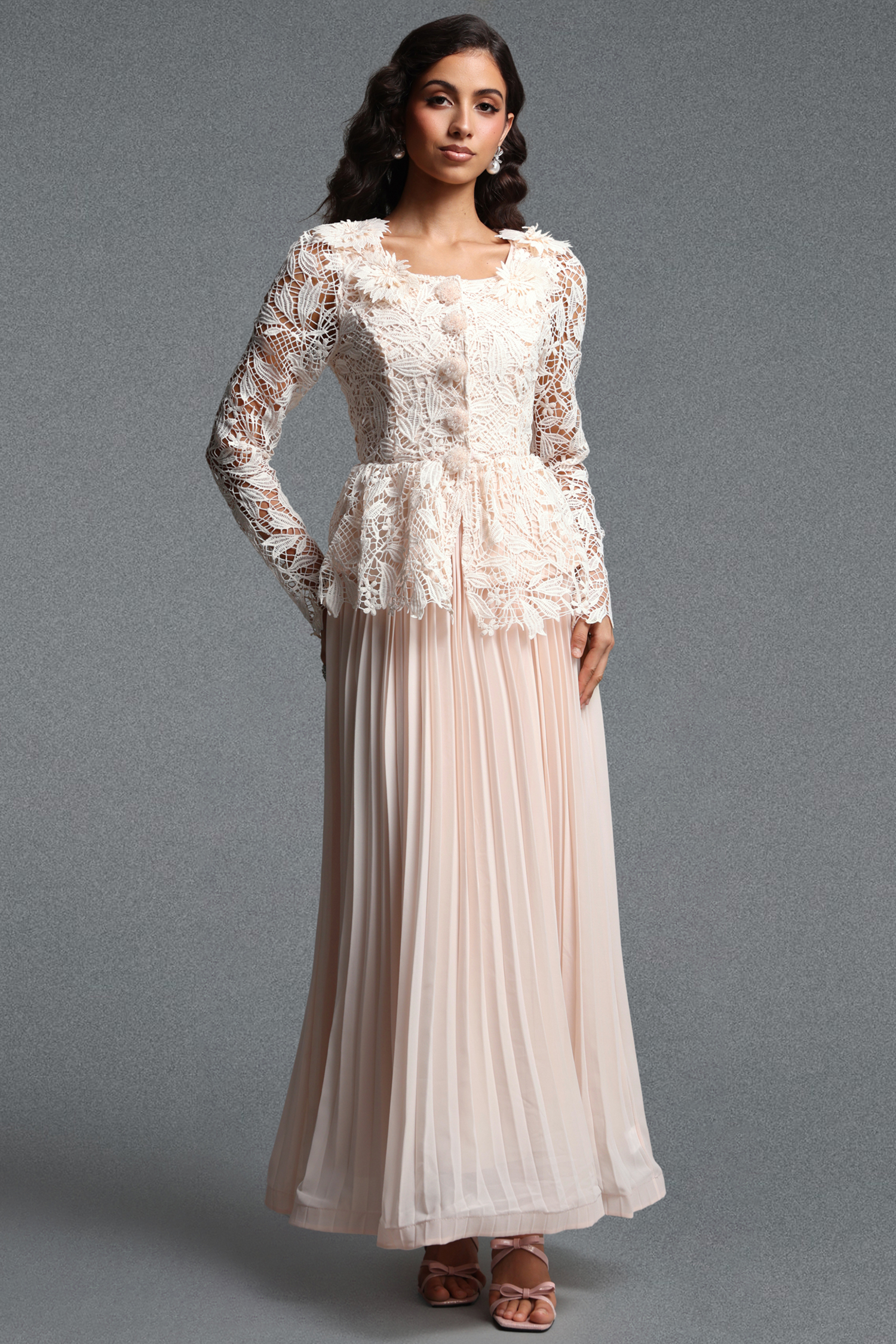 Lucica Romantic Flowy Long Sleeve Floral Lace Beige Top and Skirt Two Piece Set
