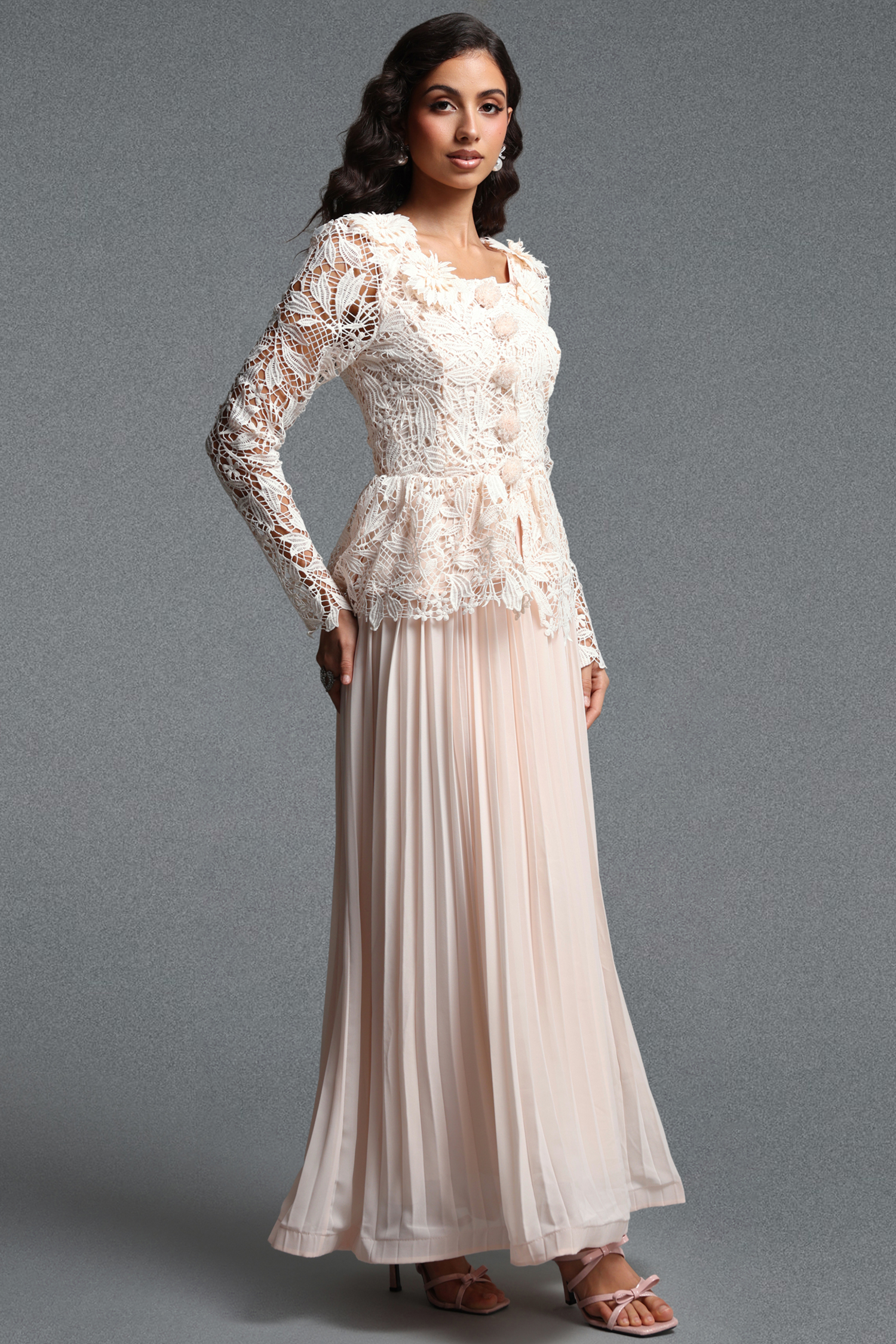 Lucica Romantic Flowy Long Sleeve Floral Lace Beige Top and Skirt Two Piece Set