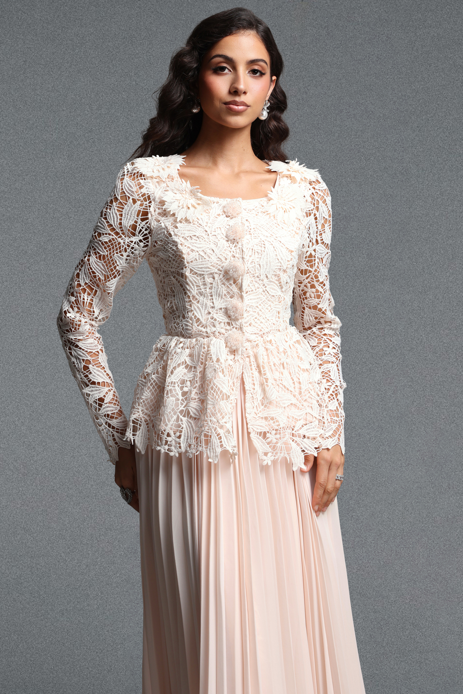 Lucica Romantic Flowy Long Sleeve Floral Lace Beige Top and Skirt Two Piece Set