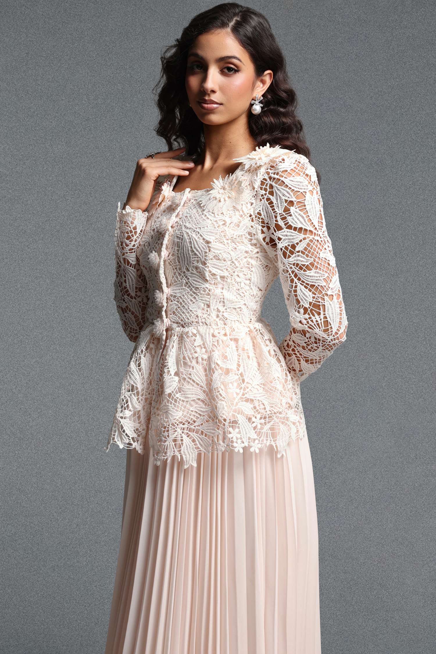 Lucica Romantic Flowy Long Sleeve Floral Lace Beige Top and Skirt Two Piece Set