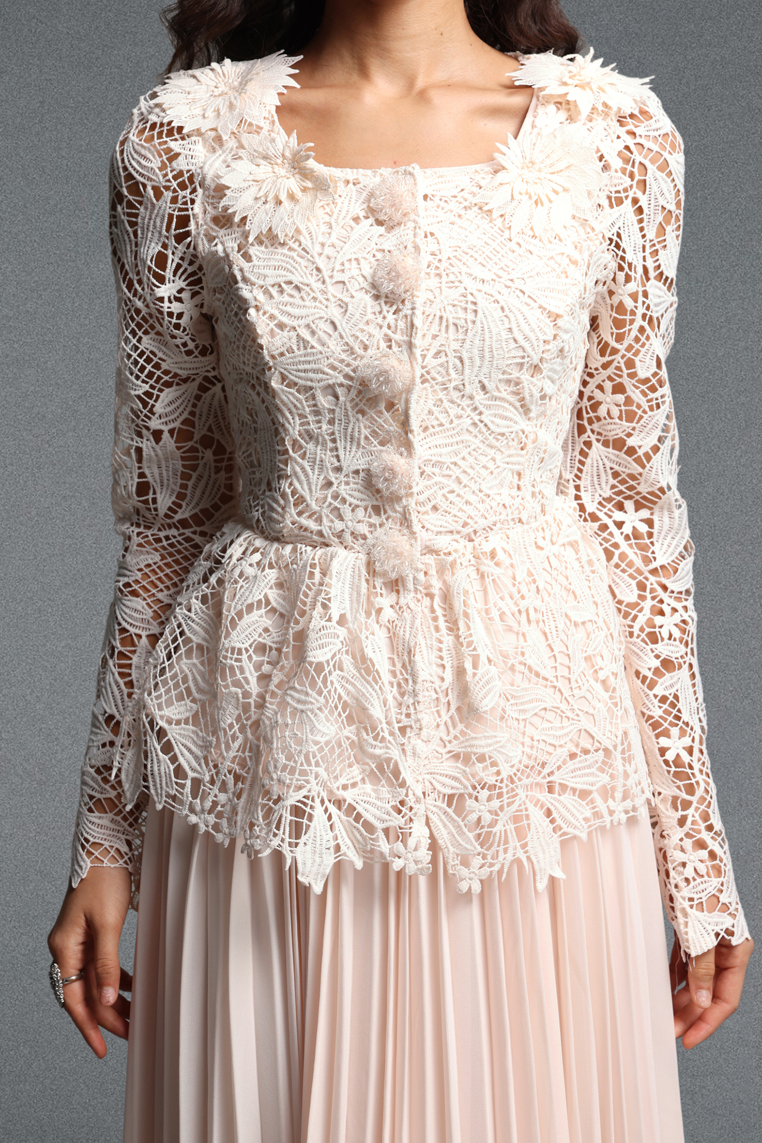 Lucica Romantic Flowy Long Sleeve Floral Lace Beige Top and Skirt Two Piece Set
