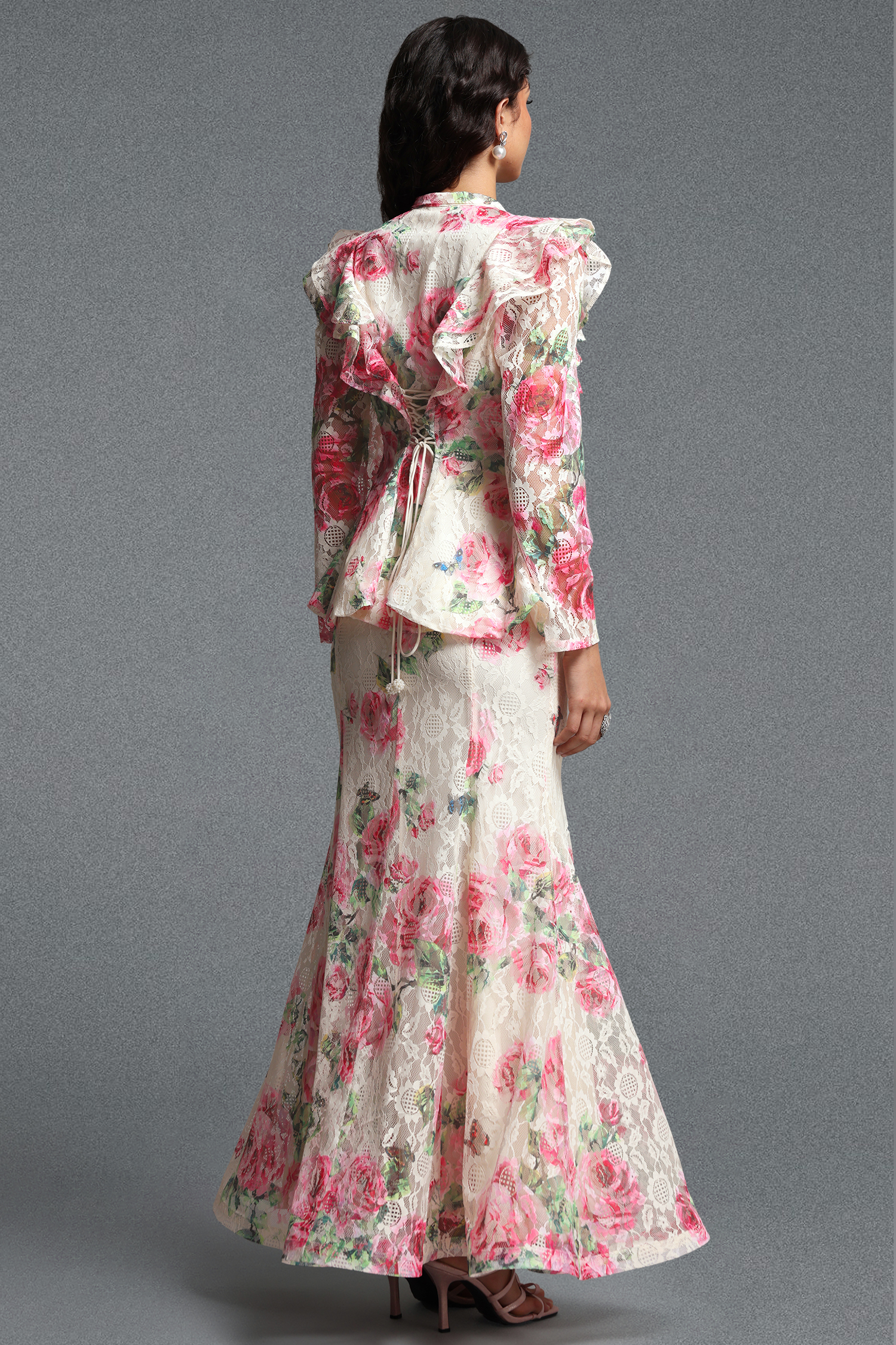 Marris Vintage Tailored Long Sleeve Floral Print Lace Top and Skirt Two Piece Set