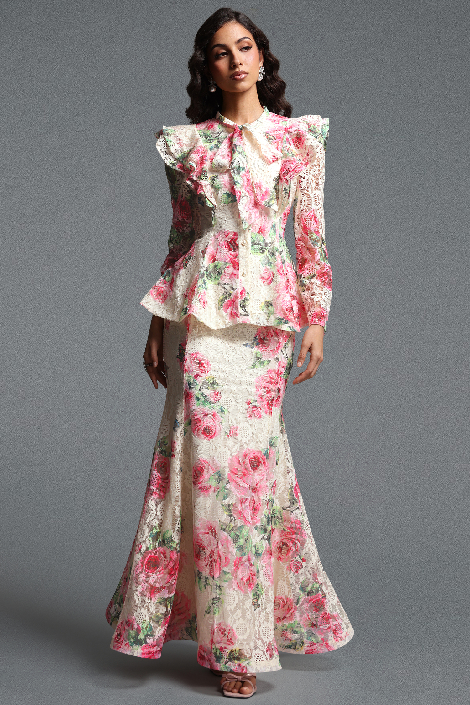 Marris Vintage Tailored Long Sleeve Floral Print Lace Top and Skirt Two Piece Set