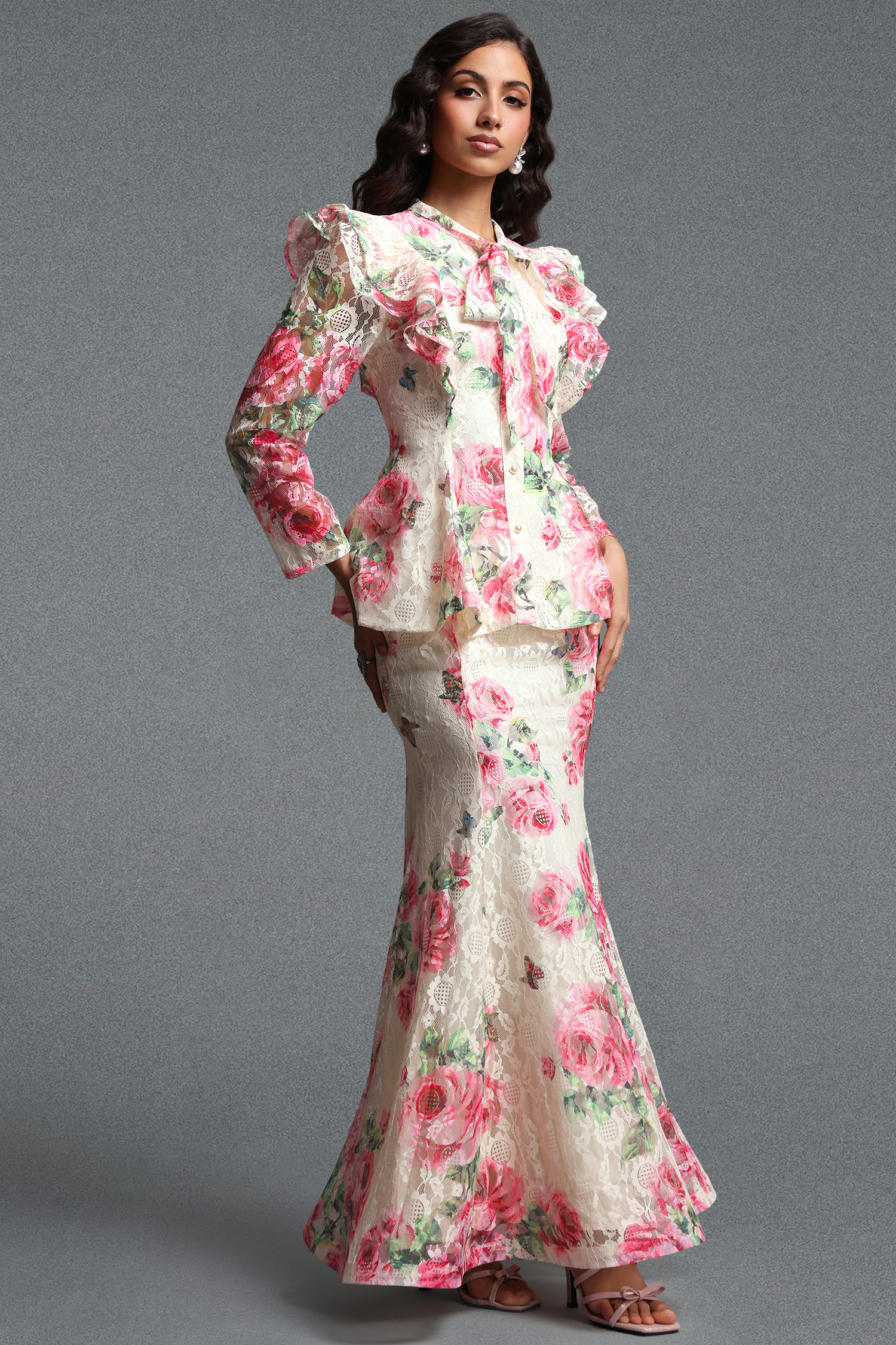 Marris Vintage Tailored Long Sleeve Floral Print Lace Top and Skirt Two Piece Set