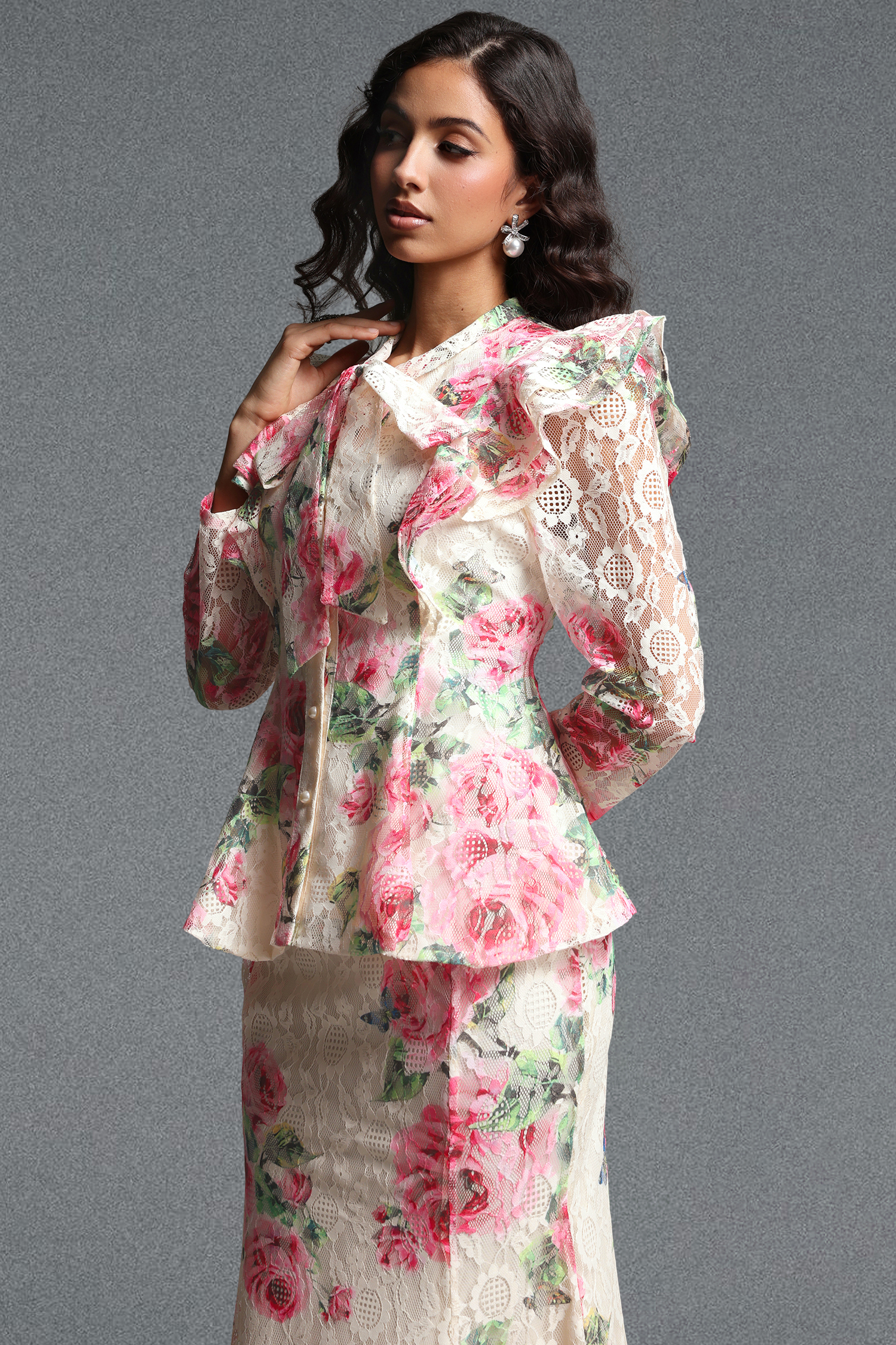 Marris Vintage Tailored Long Sleeve Floral Print Lace Top and Skirt Two Piece Set