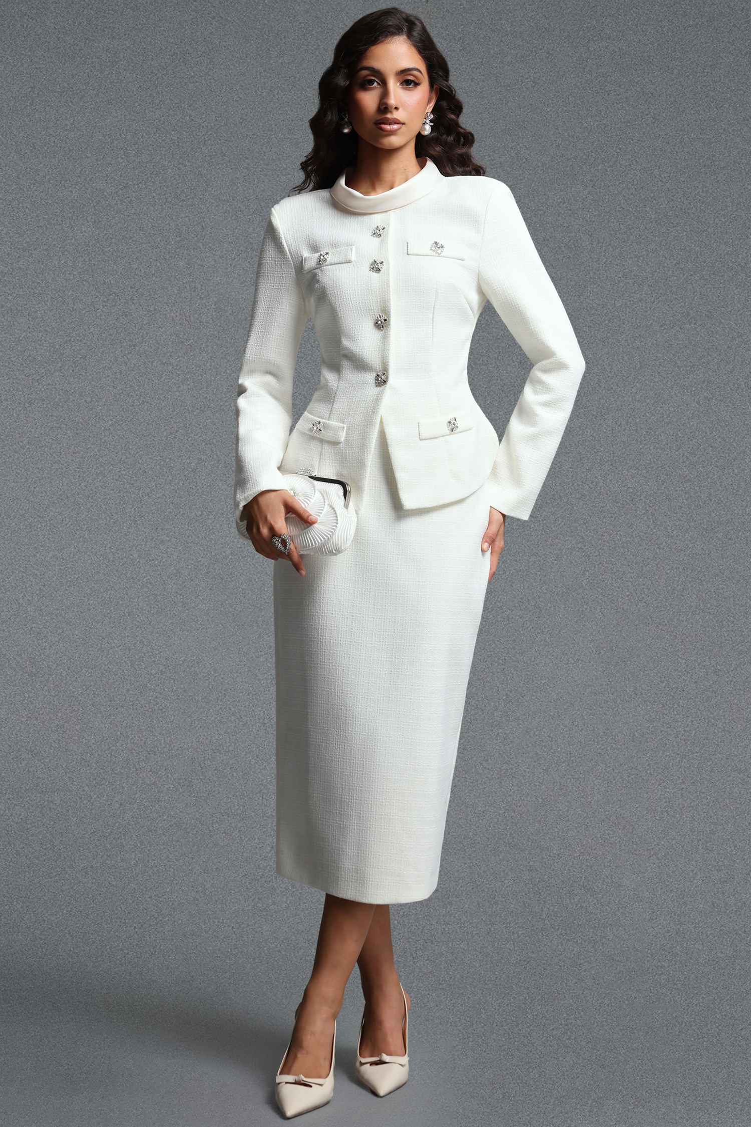 Ziriy Classic Tailored Long Sleeve Tweed Top and Skirt Two Piece Set