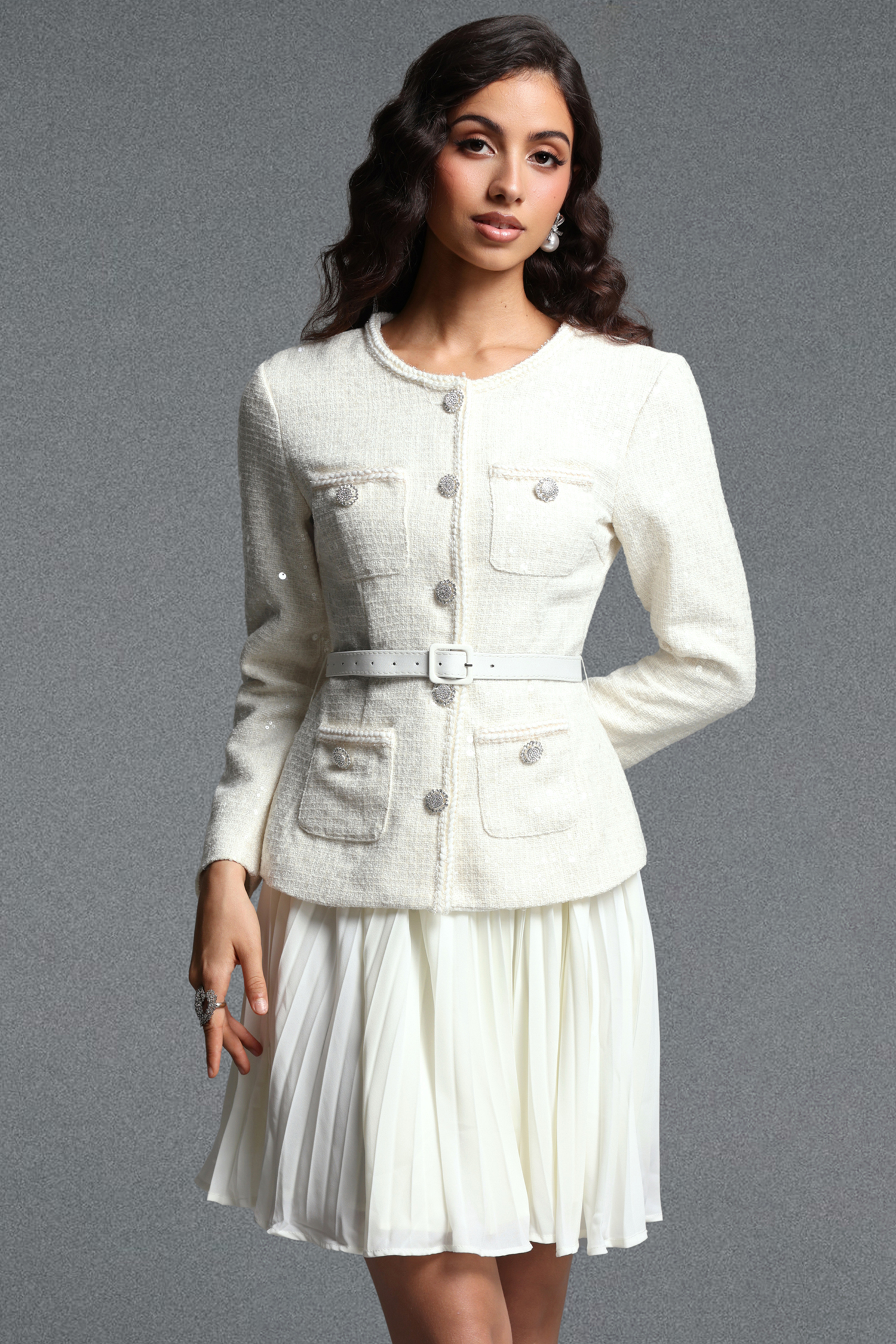 Sefa Chic Tailored Round Neck Long Sleeve Mini Dress