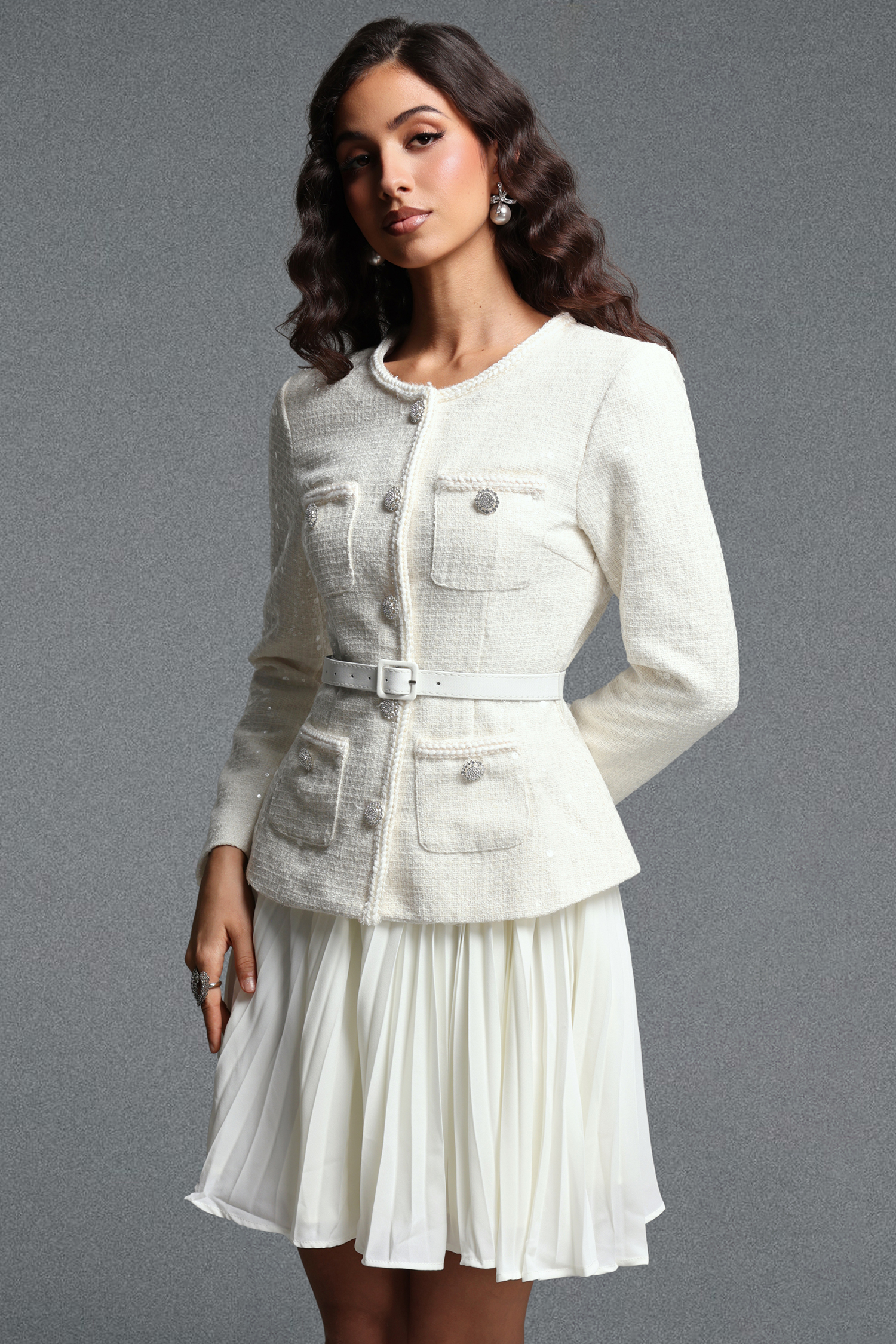 Sefa Chic Tailored Round Neck Long Sleeve Mini Dress
