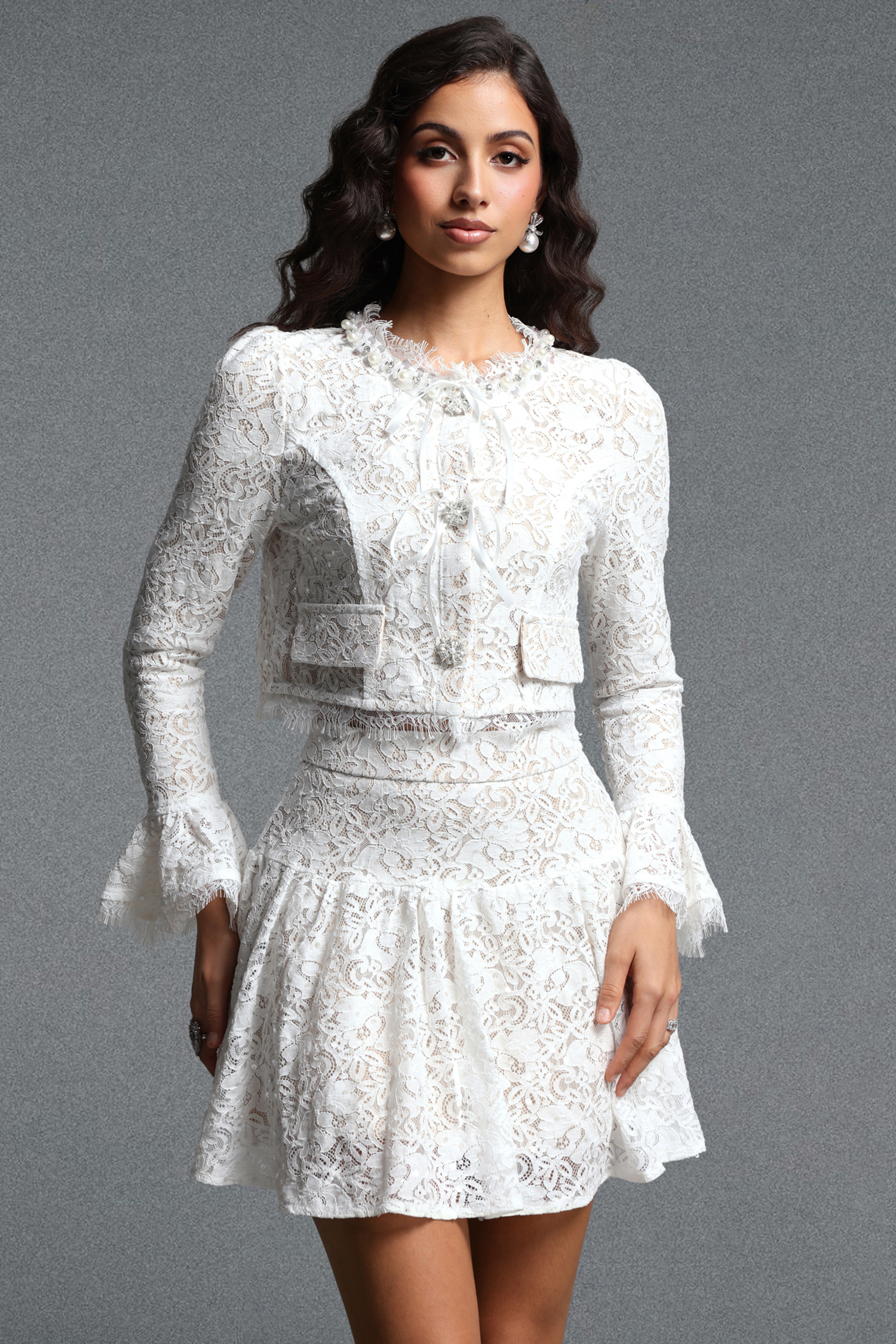 Daona Chic Tailored Long Sleeve Rhinestone Floral Sequin Lace Top and Skirt Two Piece Set