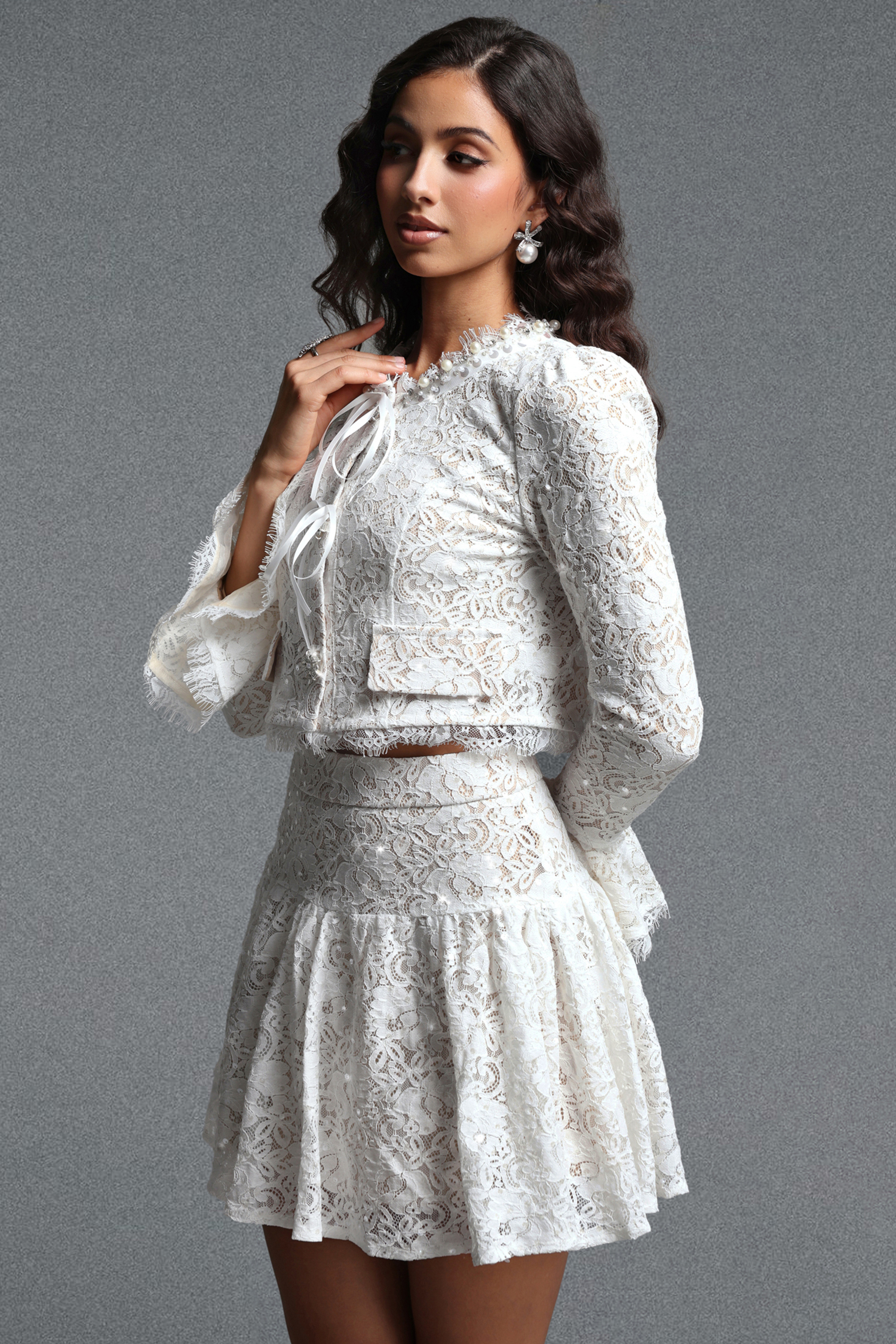 Daona Chic Tailored Long Sleeve Rhinestone Floral Sequin Lace Top and Skirt Two Piece Set