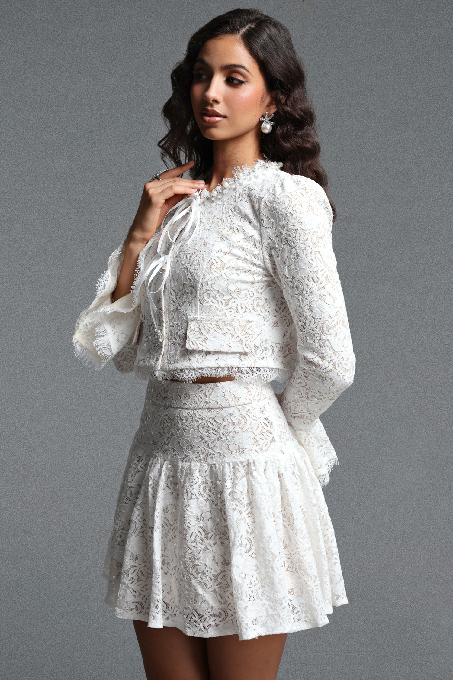 Daona Chic Tailored Long Sleeve Rhinestone Floral Sequin Lace Top and Skirt Two Piece Set
