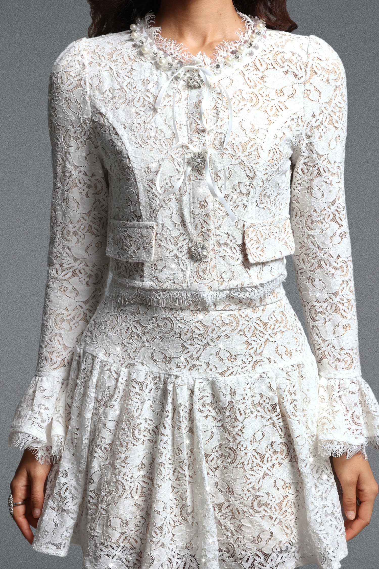 Daona Chic Tailored Long Sleeve Rhinestone Floral Sequin Lace Top and Skirt Two Piece Set