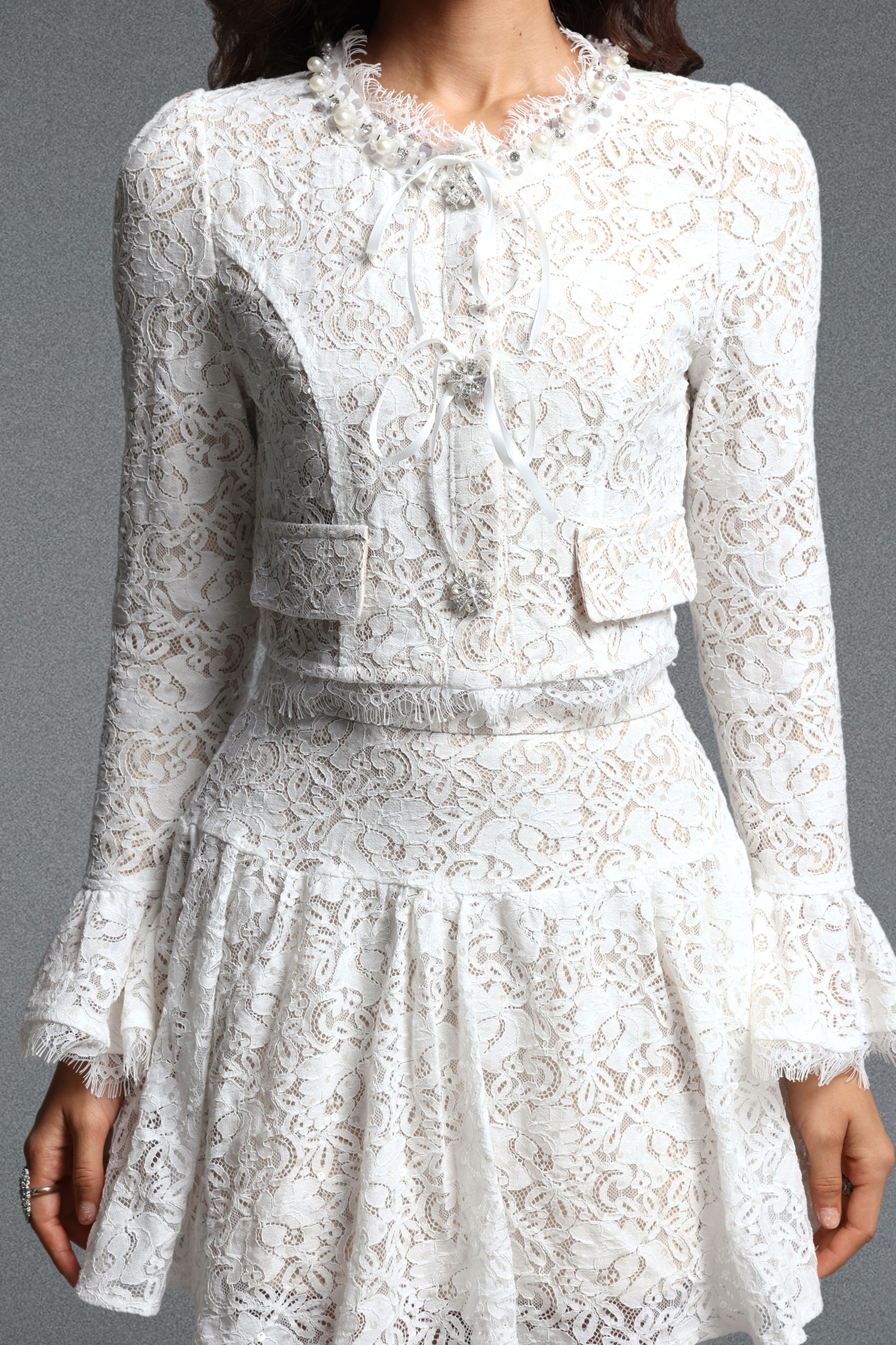 Daona Chic Tailored Long Sleeve Rhinestone Floral Sequin Lace Top and Skirt Two Piece Set