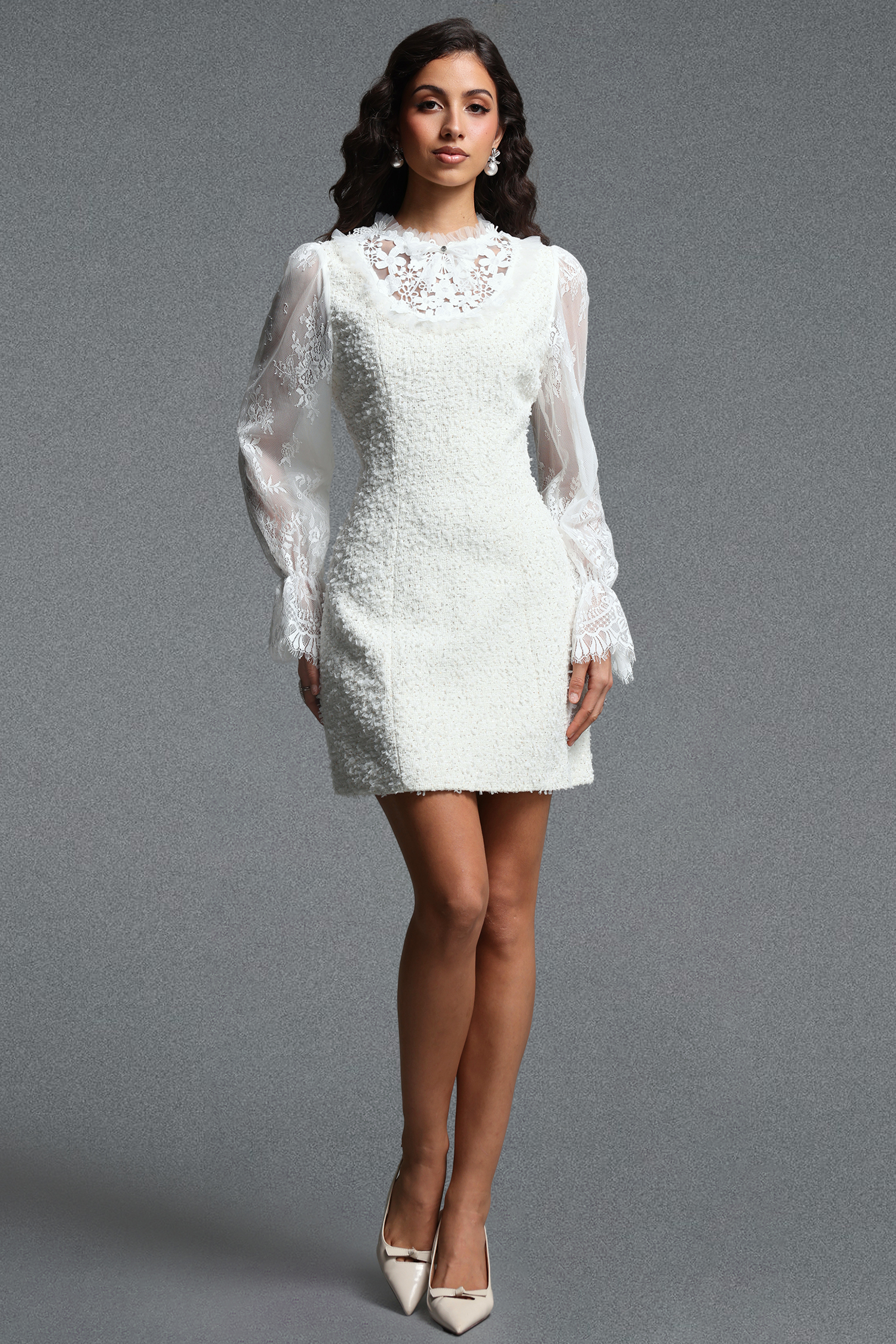 Niaca Chic Tailored Long Sleeve Floral Sequin Lace Trimmed Tweed Mini Dress