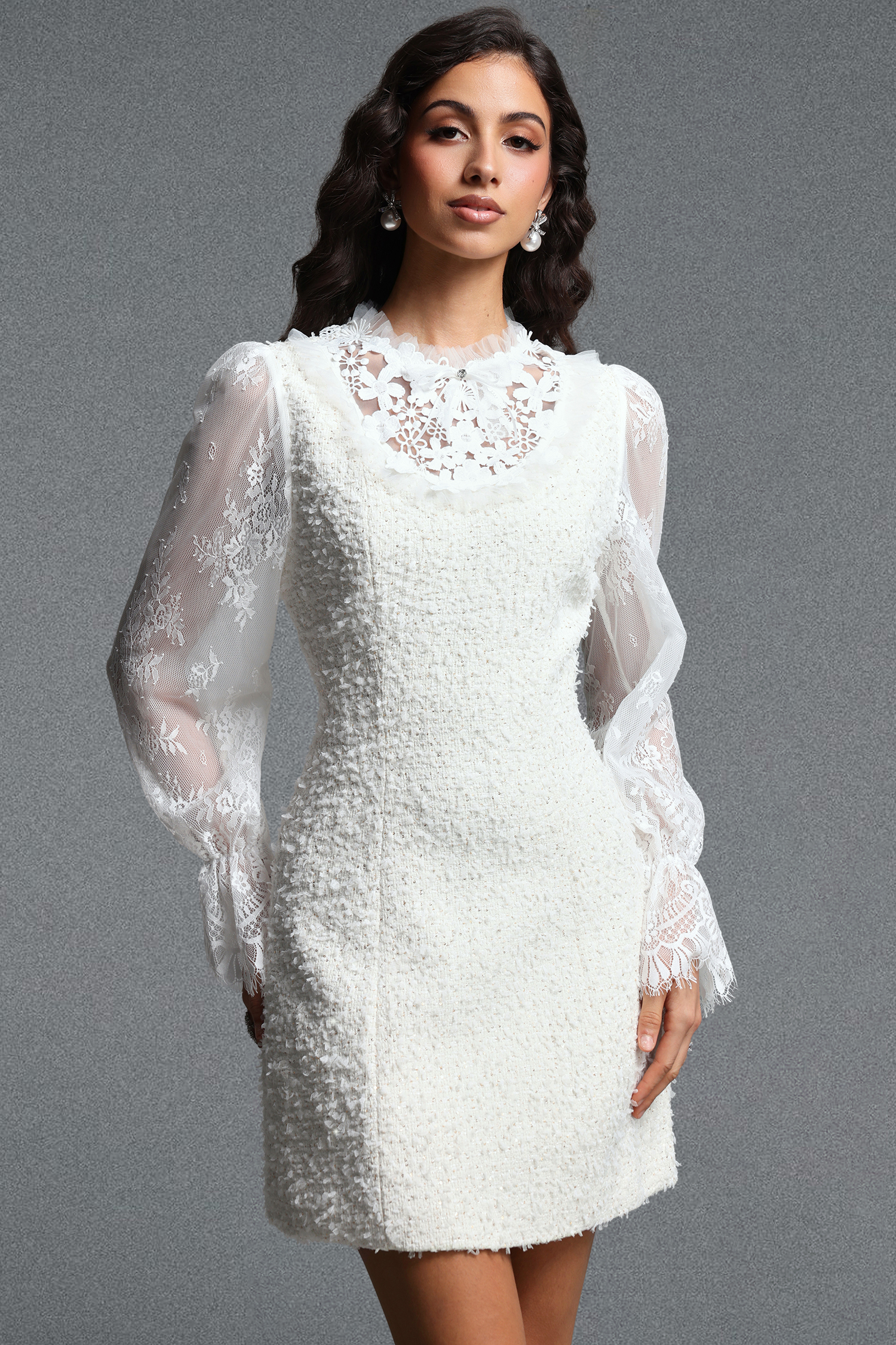 Niaca Chic Tailored Long Sleeve Floral Sequin Lace Trimmed Tweed Mini Dress