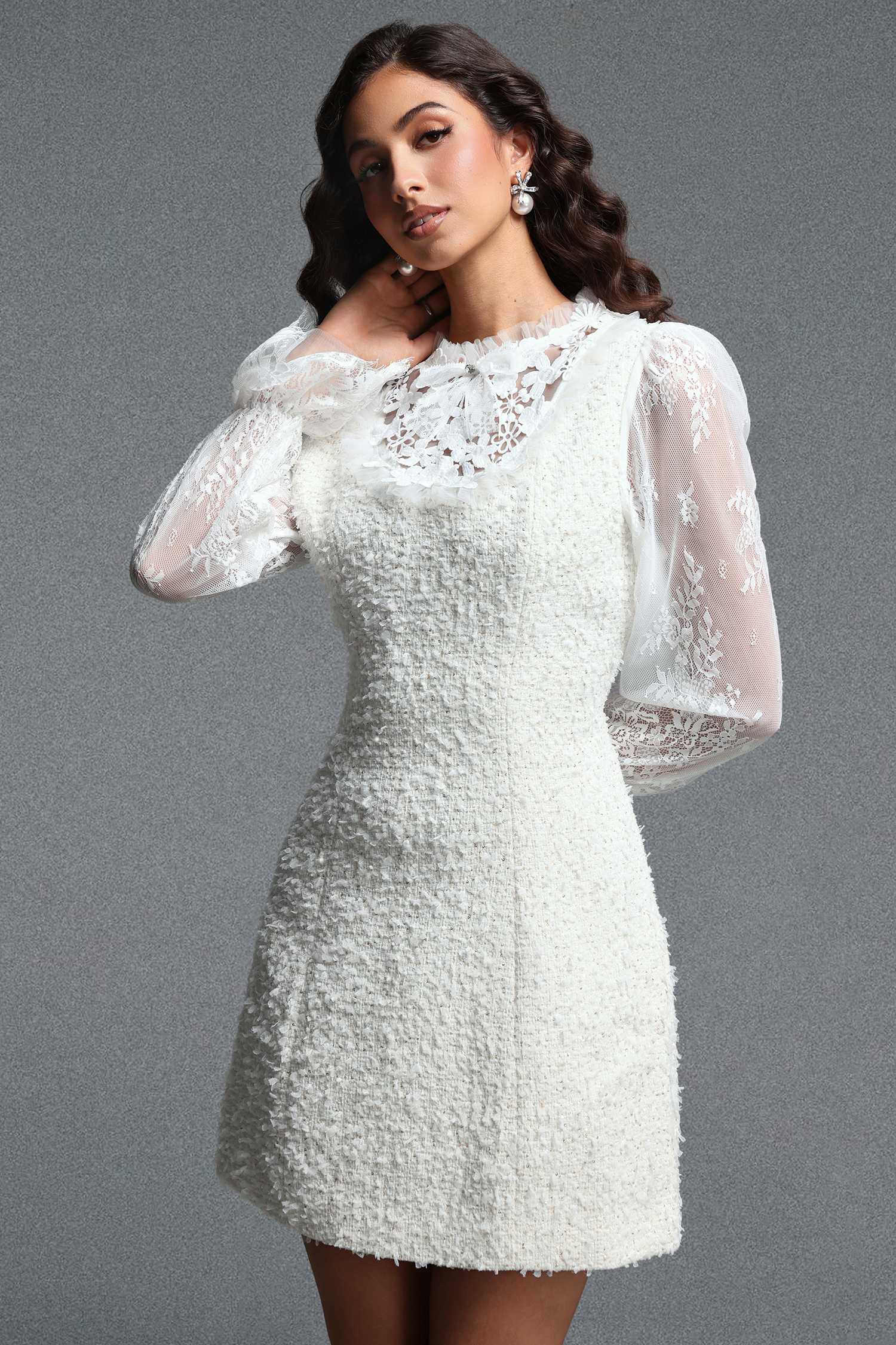 Niaca Chic Tailored Long Sleeve Floral Sequin Lace Trimmed Tweed Mini Dress
