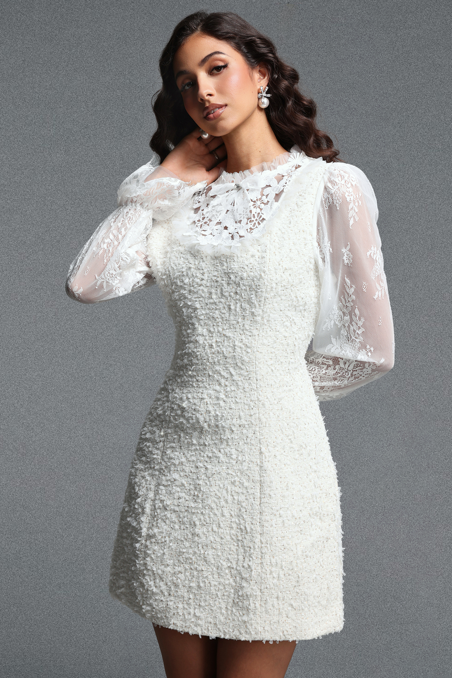 Niaca Chic Tailored Long Sleeve Floral Sequin Lace Trimmed Tweed Mini Dress