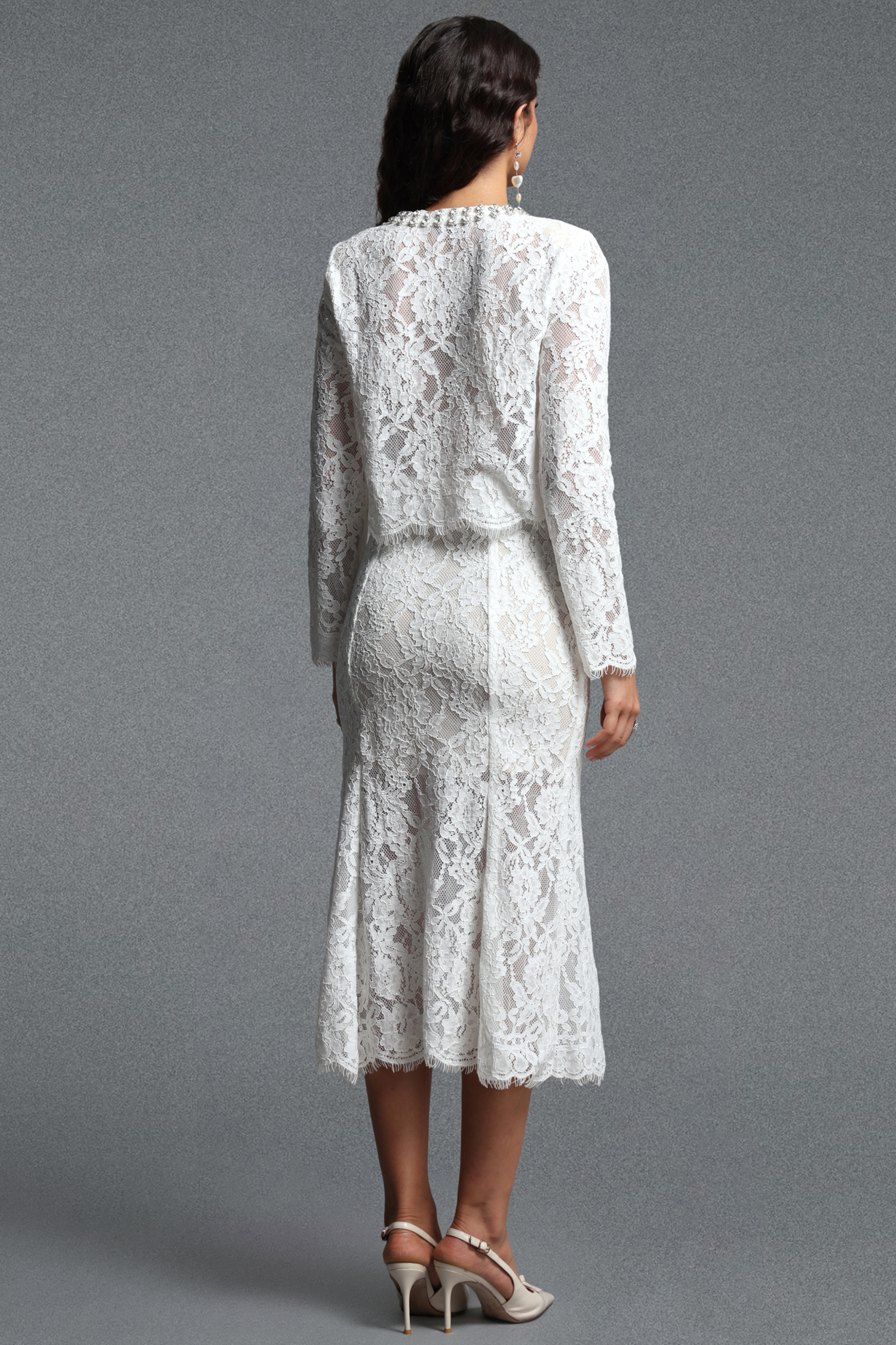 Ralaya Romantic Round Neck Long Sleeve Rhinestone Sequin Lace Top
