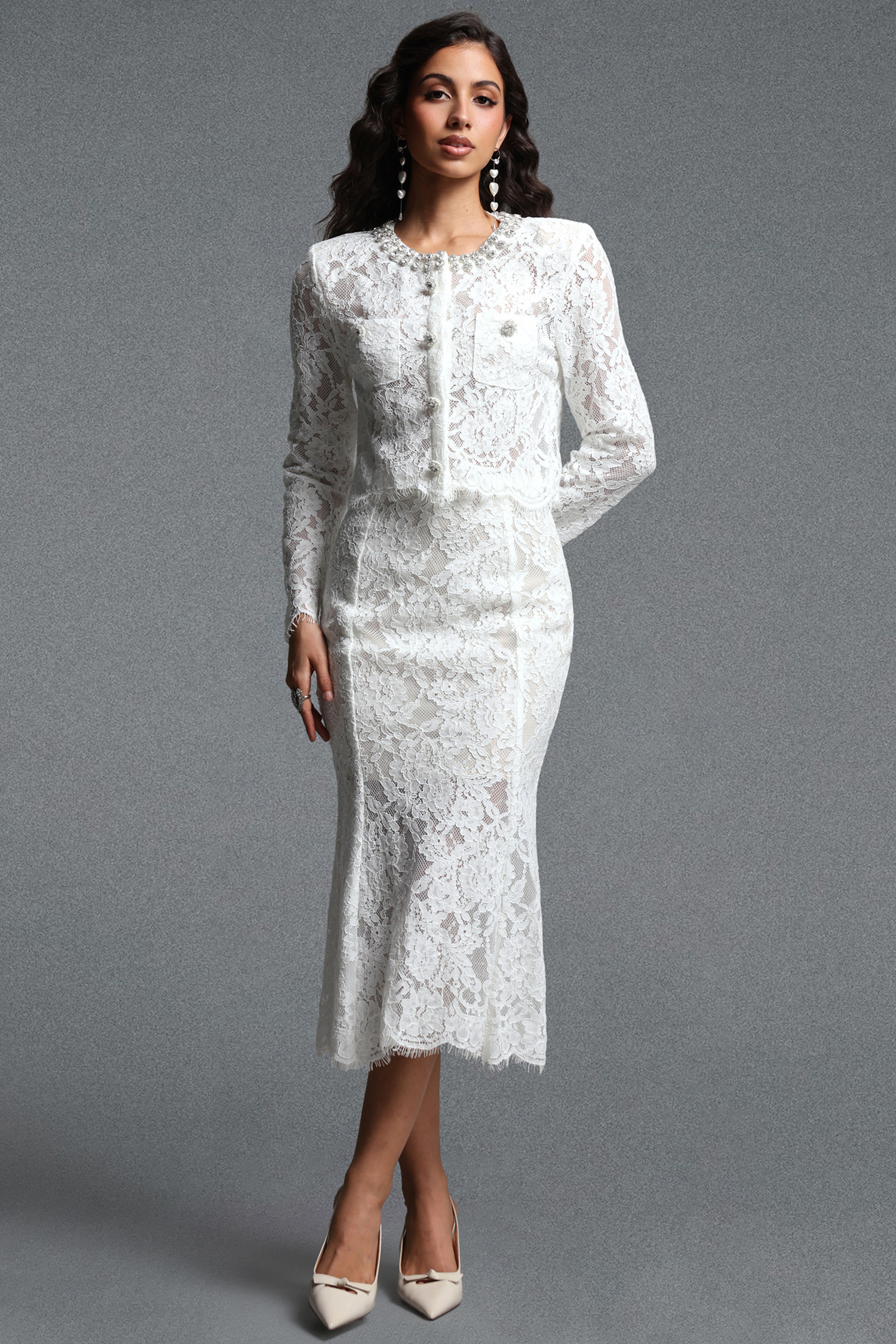 Ralaya Romantic Round Neck Long Sleeve Rhinestone Sequin Lace Top