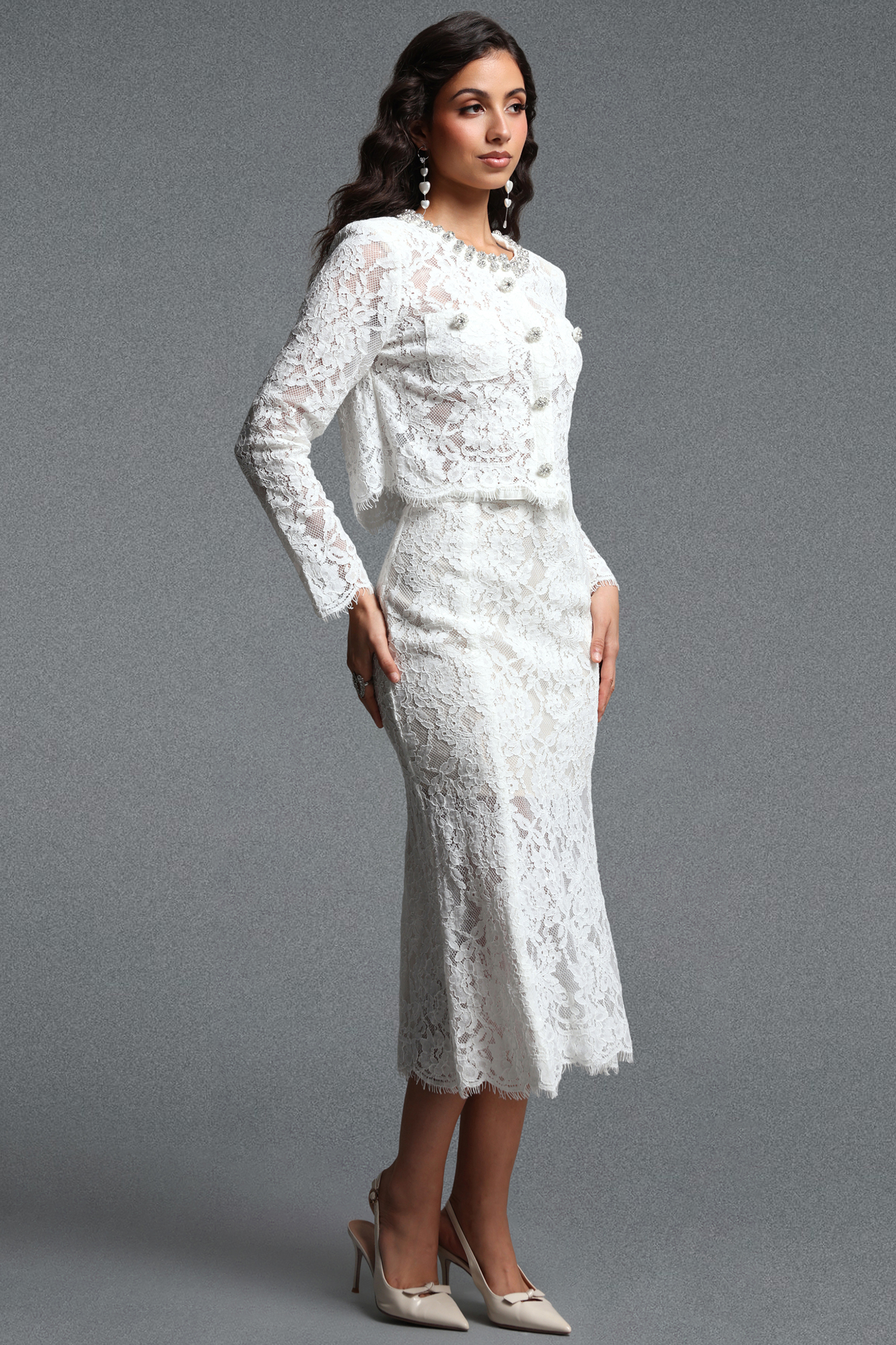 Ralaya Romantic Round Neck Long Sleeve Rhinestone Sequin Lace Top