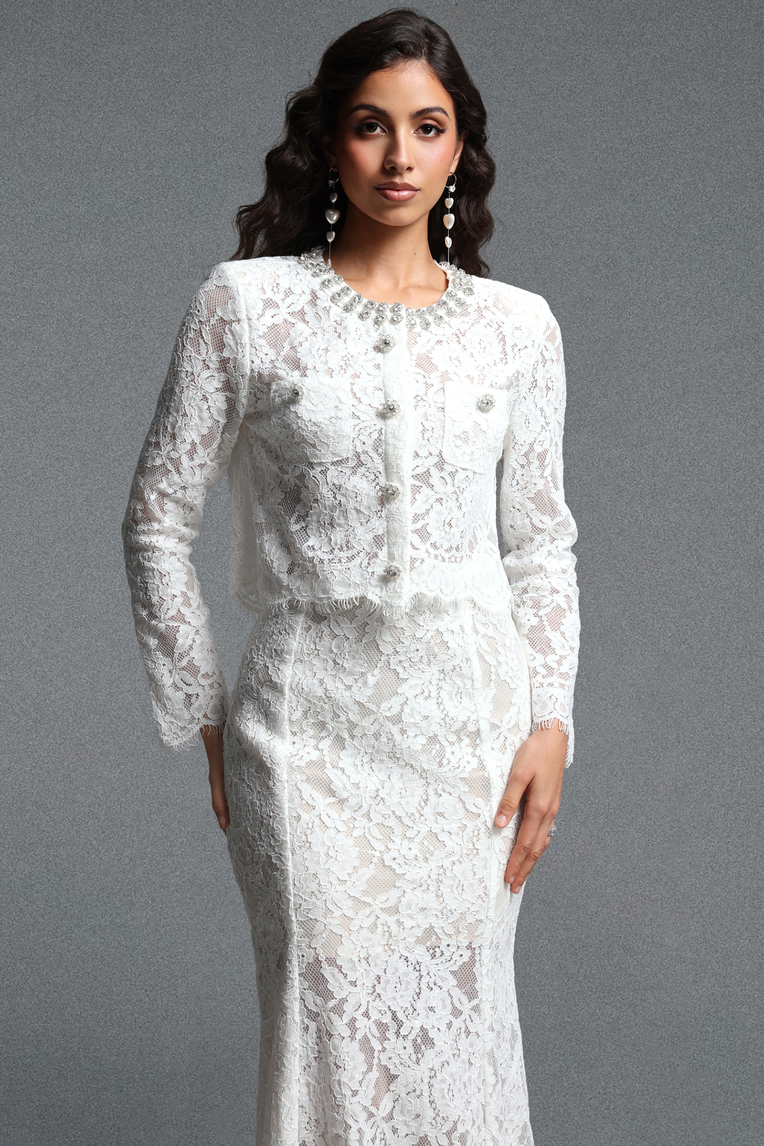 Ralaya Romantic Round Neck Long Sleeve Rhinestone Sequin Lace Top