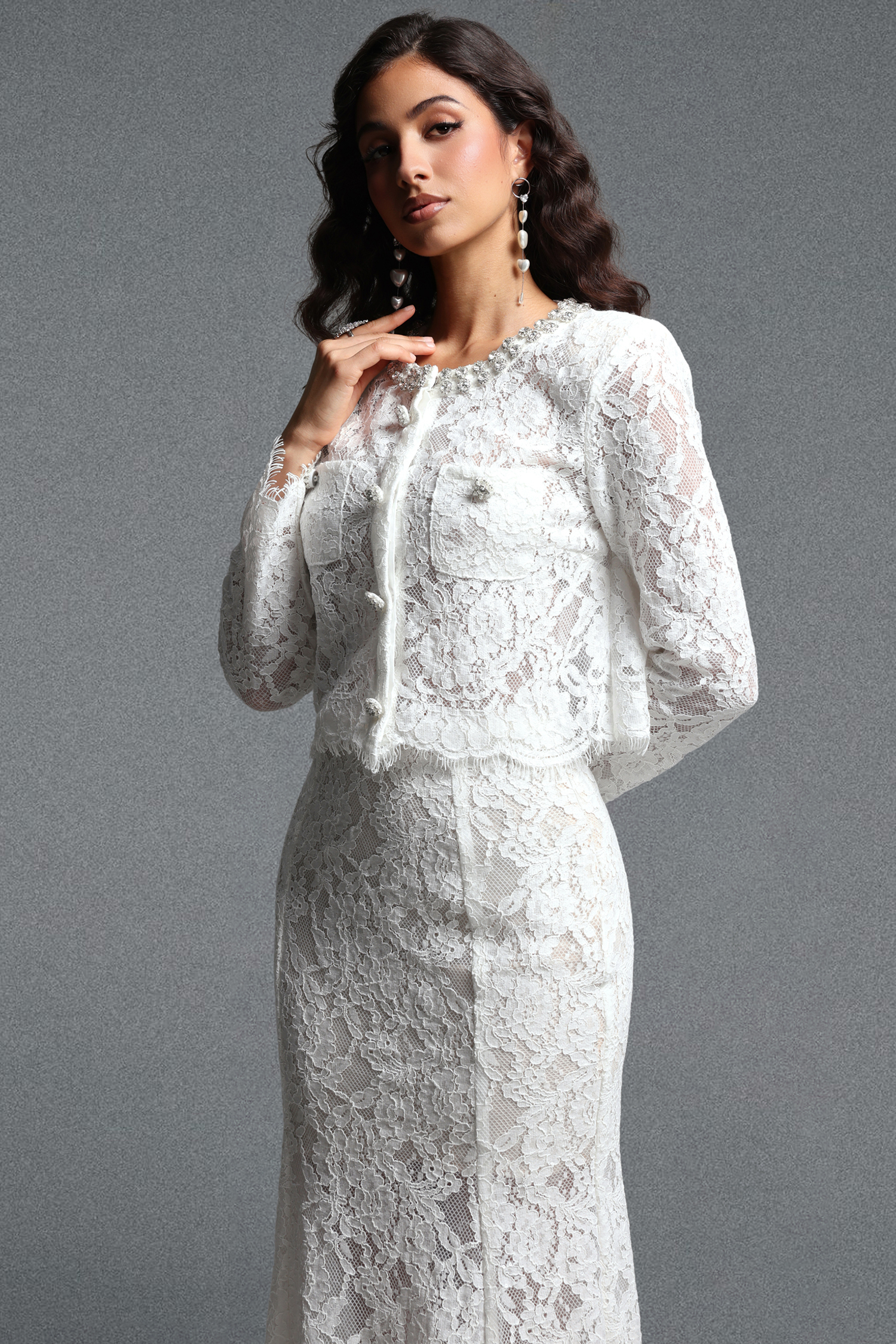Ralaya Romantic Round Neck Long Sleeve Rhinestone Sequin Lace Top