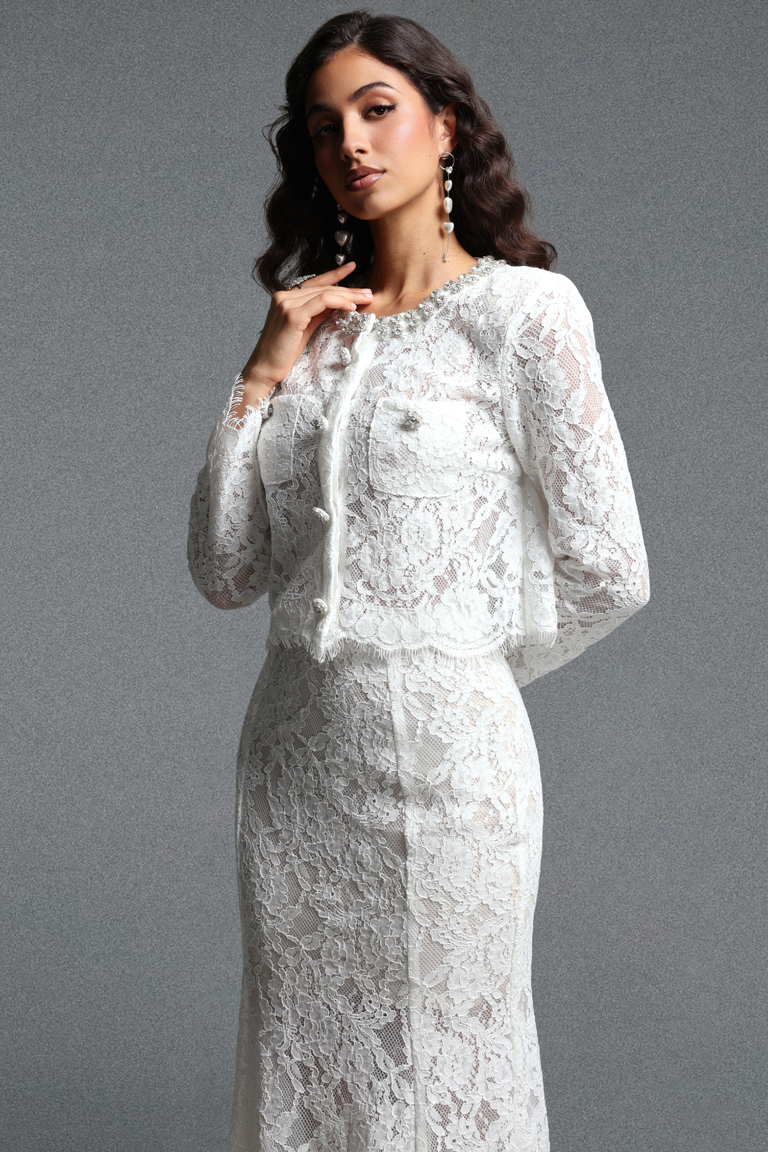Ralaya Romantic Round Neck Long Sleeve Rhinestone Sequin Lace Top
