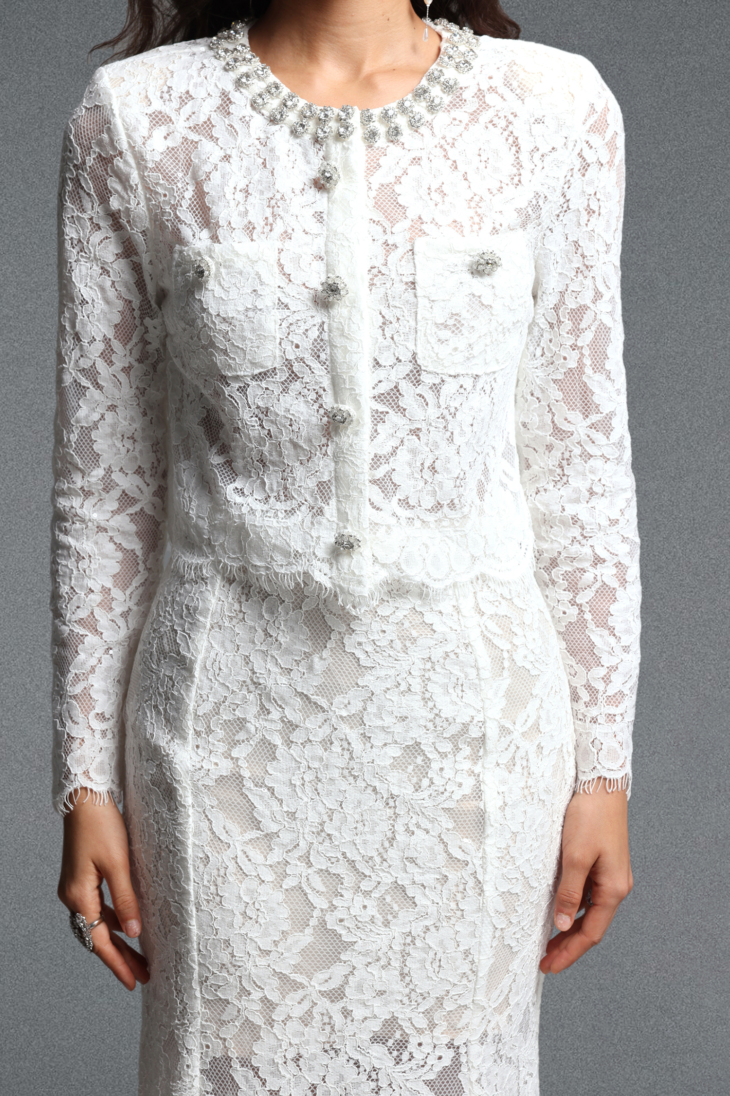Ralaya Romantic Round Neck Long Sleeve Rhinestone Sequin Lace Top