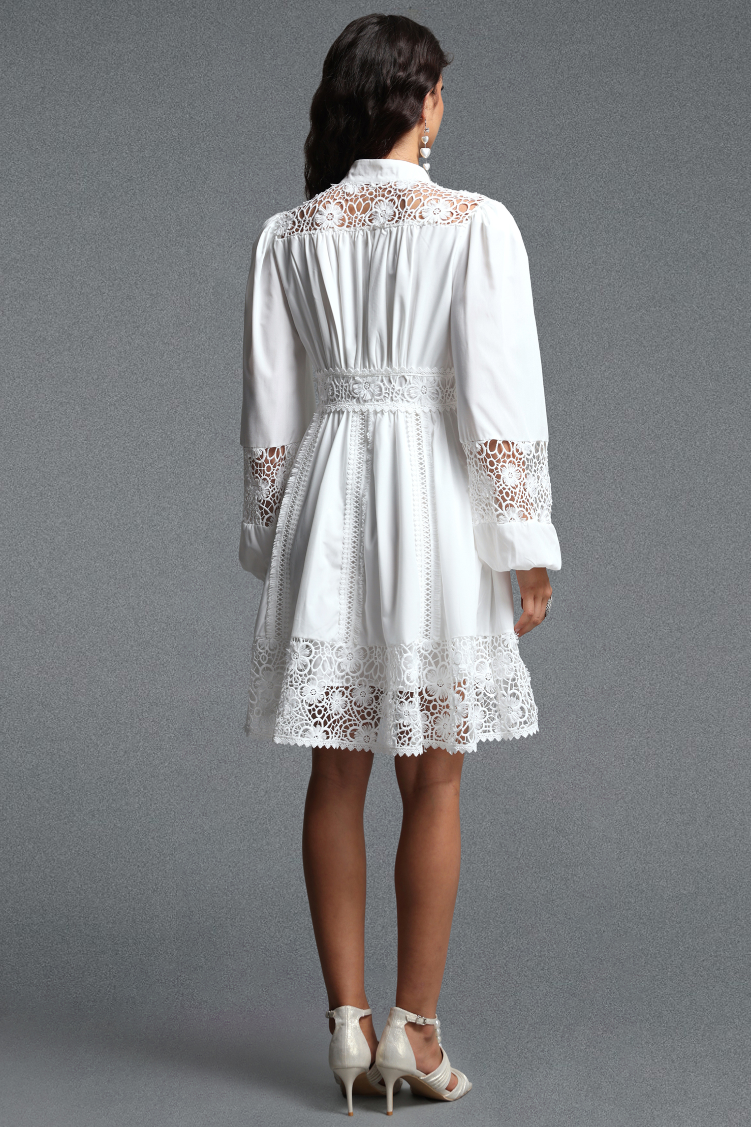 Yamaly Vintage Flowy Long Sleeve Floral Lace Trimmed Woven Mini Dress