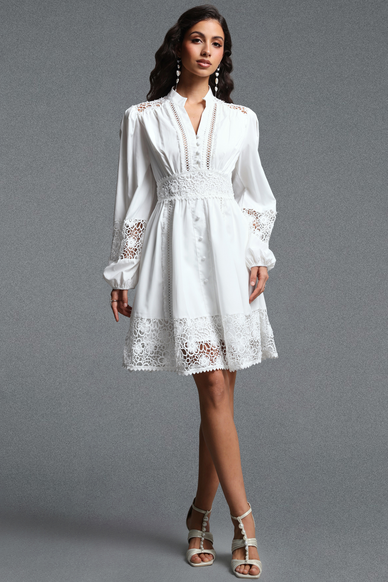 Yamaly Vintage Flowy Long Sleeve Floral Lace Trimmed Woven Mini Dress